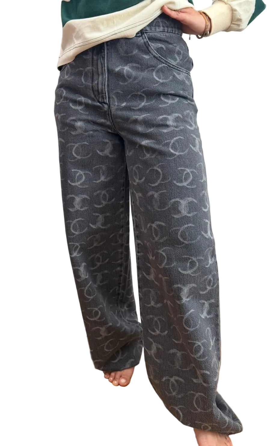 Chanel Black Denim Wide Leg Jeans with CC Logos
