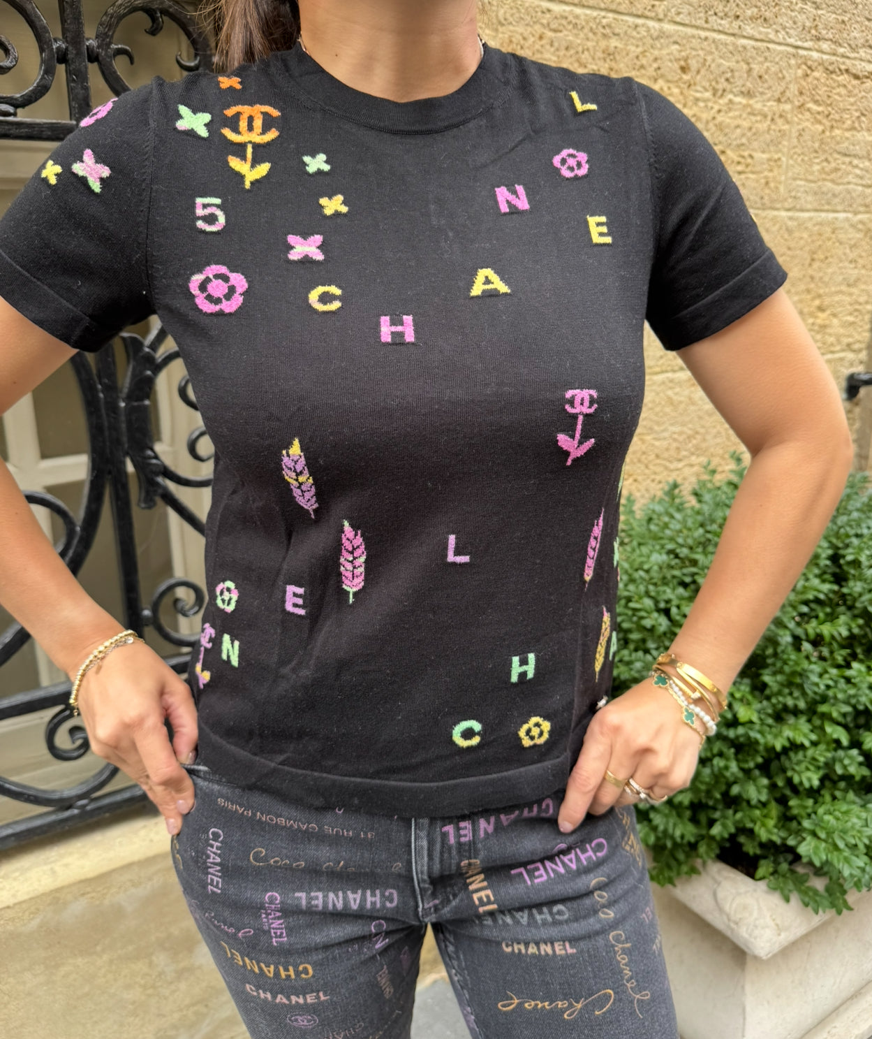 Chanel Black Top with Multicolor CHANEL Print Logo