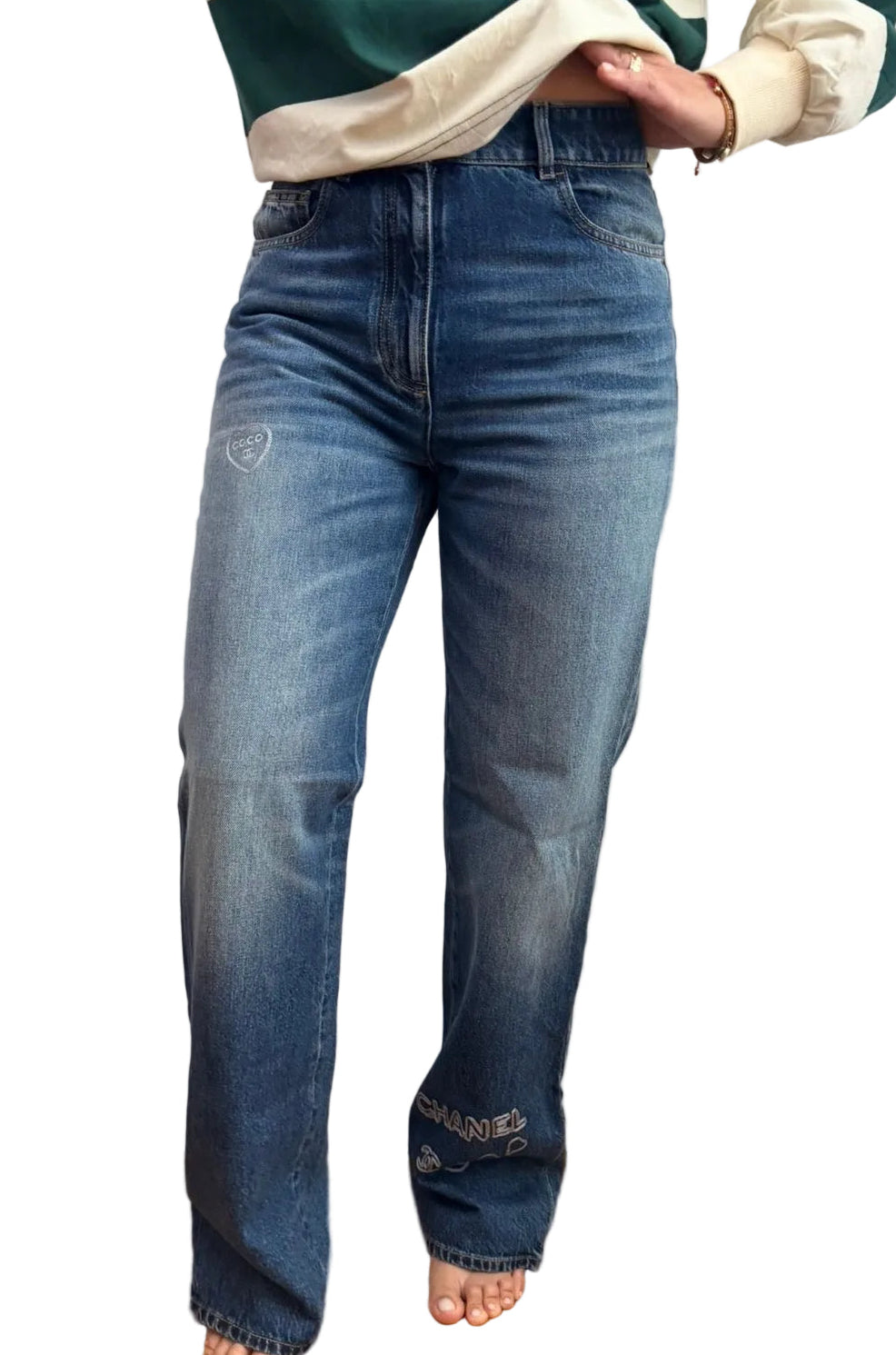 Chanel Blue Denim Jeans with Heart Embroidery