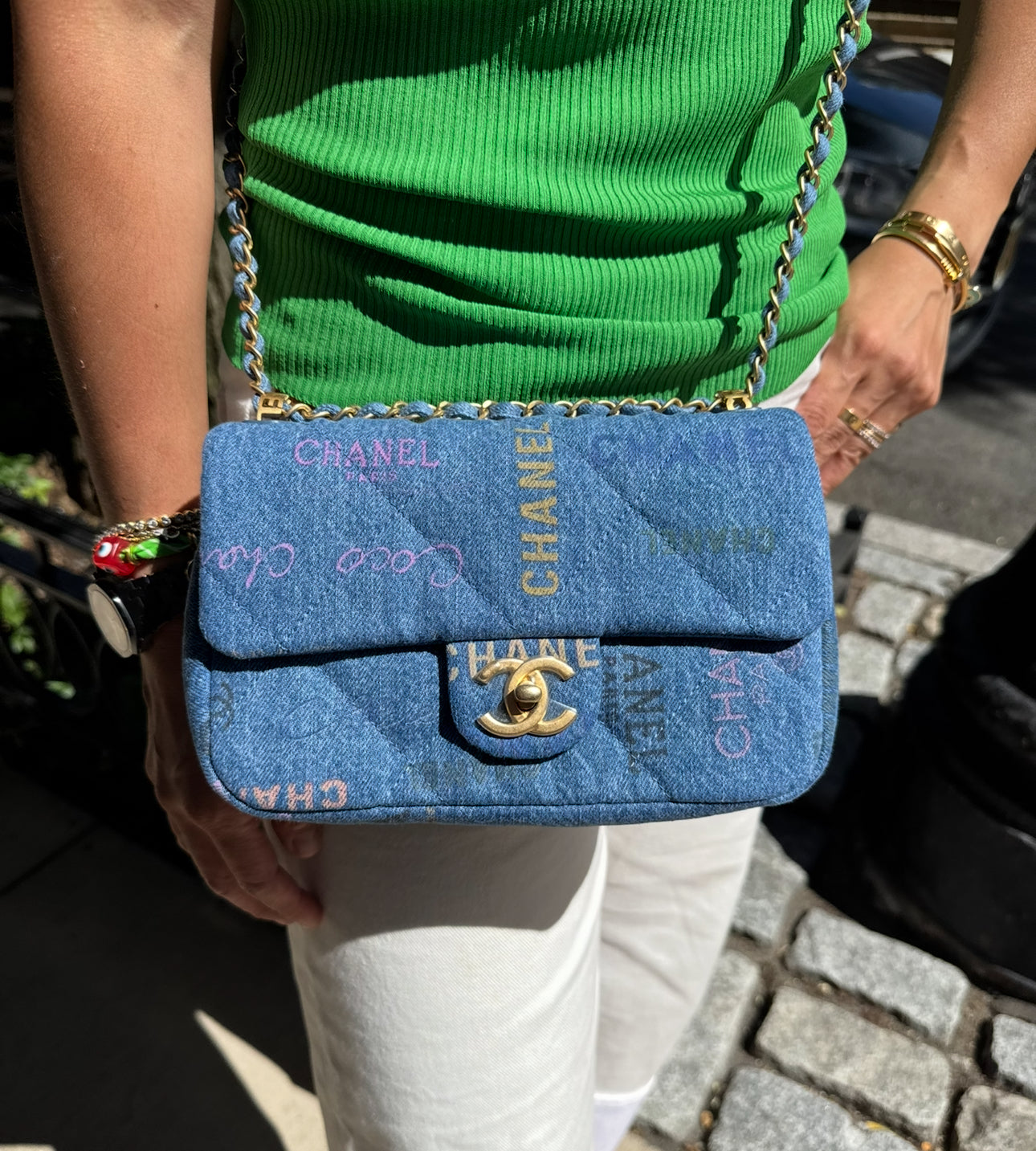 Chanel Blue Denim Mini Flap Bag With Multicolor Logos