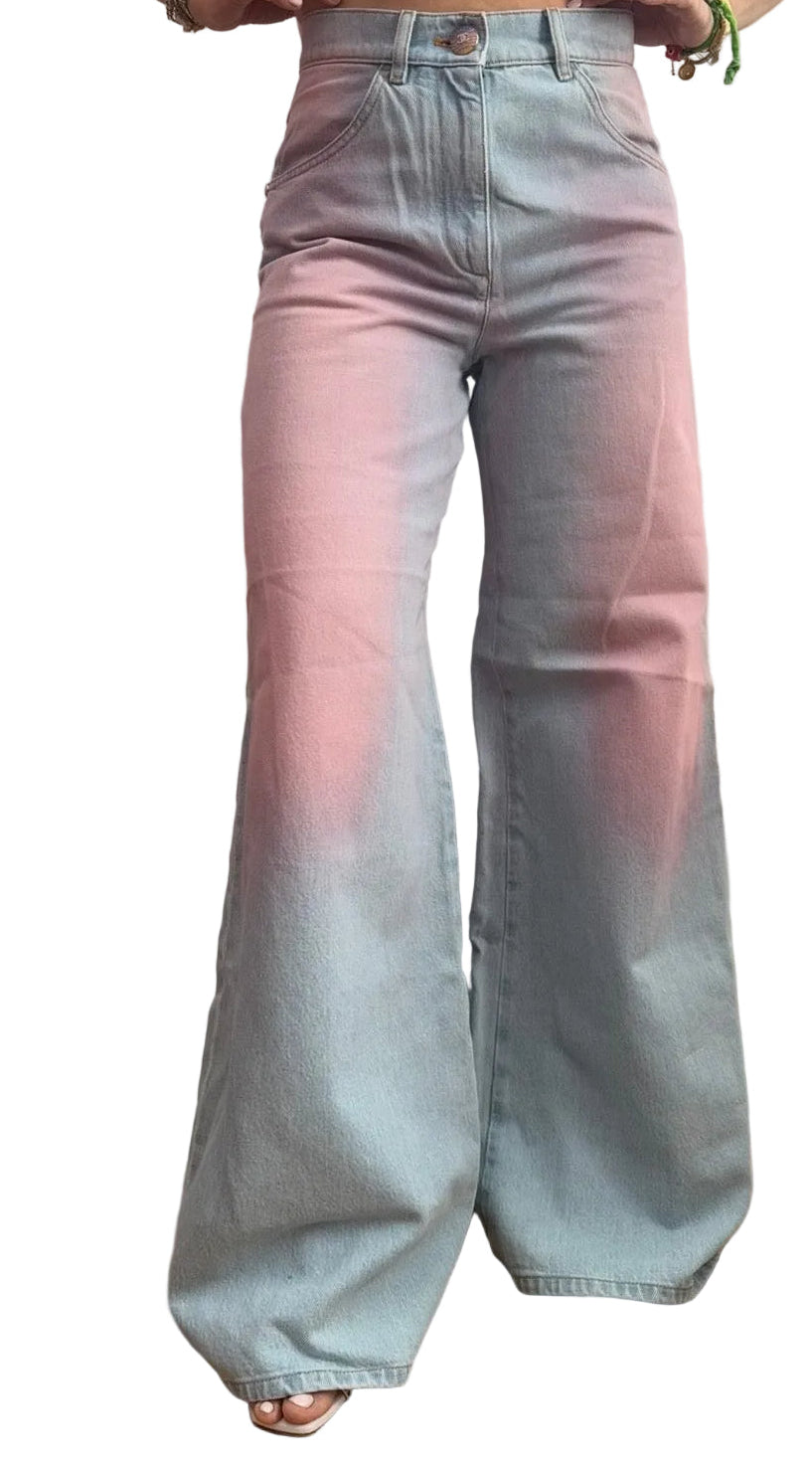 Chanel Blue Denim Pink Tie Dye Wide Leg Jeans