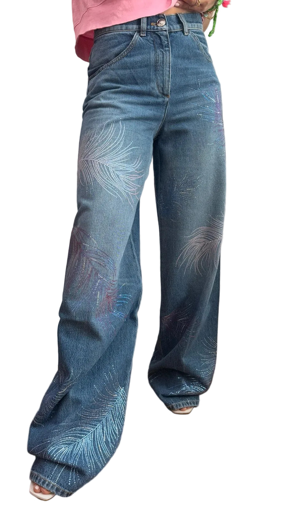 Chanel Blue Wide Leg Jeans Crystal Feather