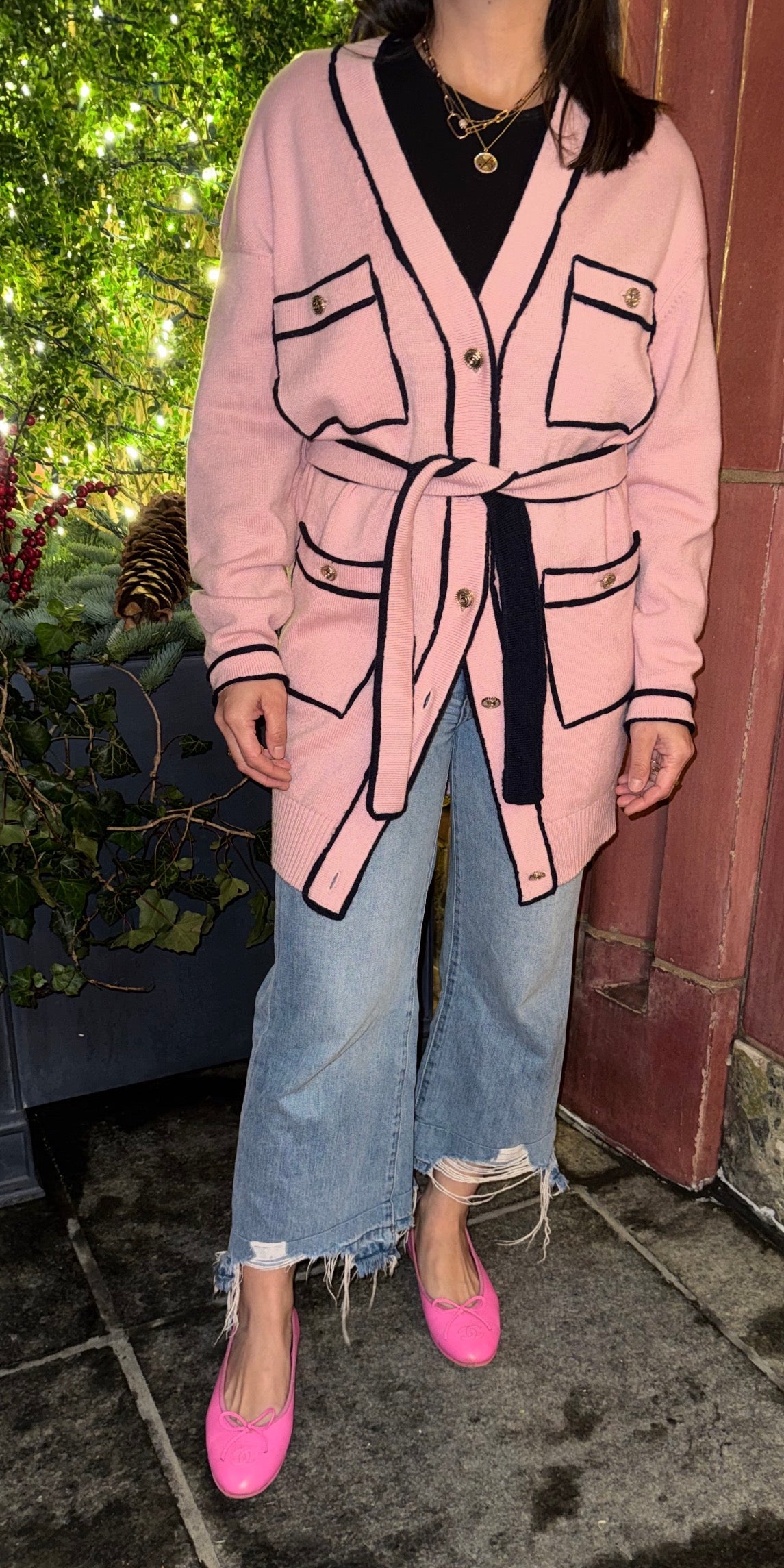 Chanel Cashmere Baby Pink with Navy Blue Belted Cardigan