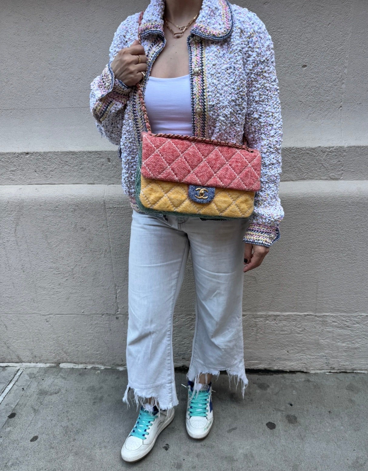 Chanel Color Block Quilted Jersey Fabric Large Flapbag