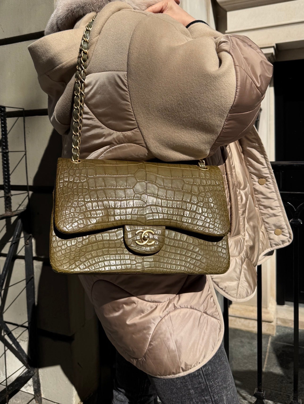 Chanel Matte Khaki Green Alligator Classic Double Flapbag