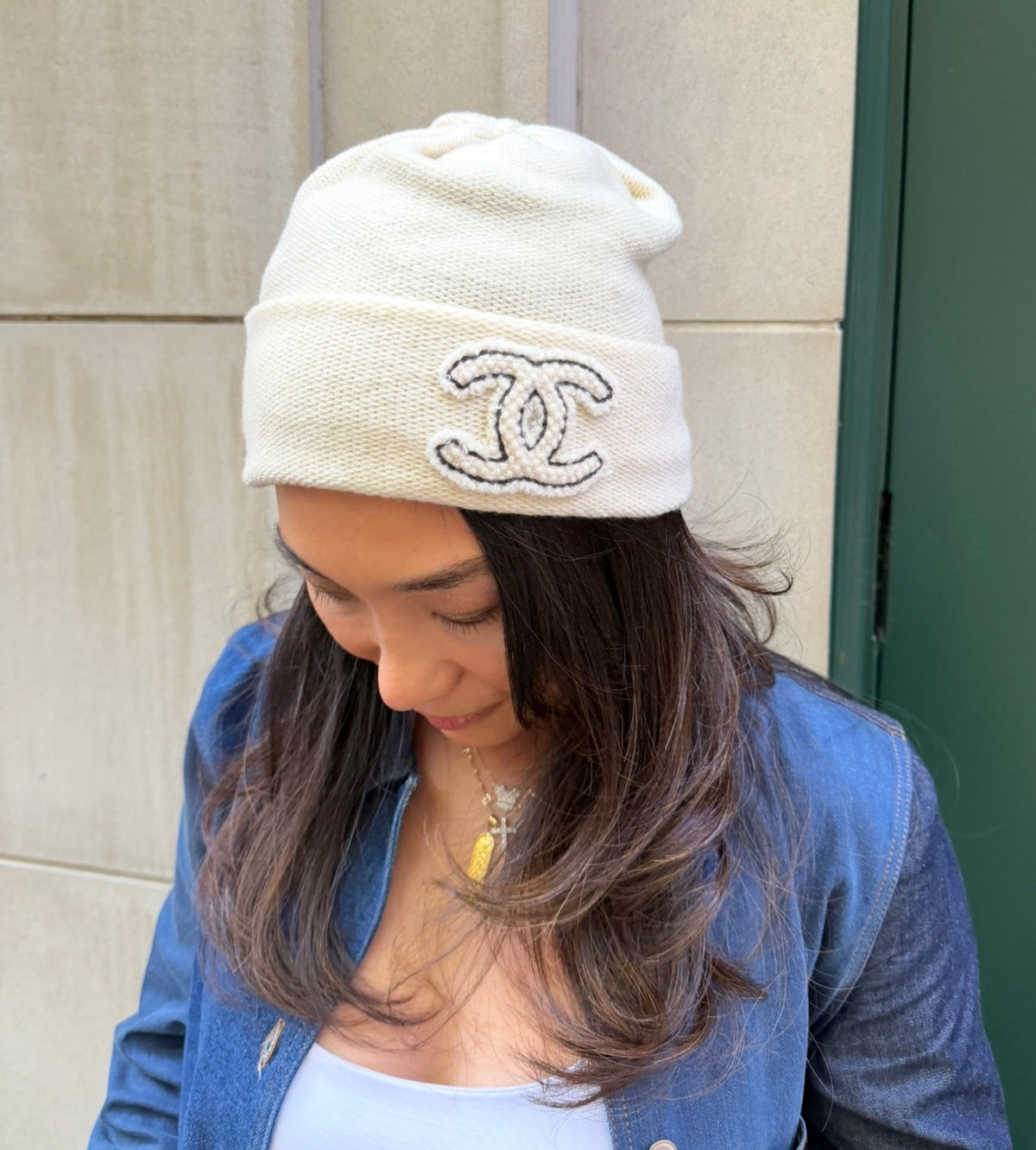 Chanel White Ivory Beanie with Black CC Logo