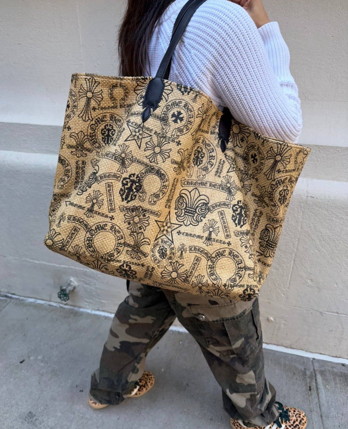 Chrome Hearts Beige and Black Raffia Tote Bag
