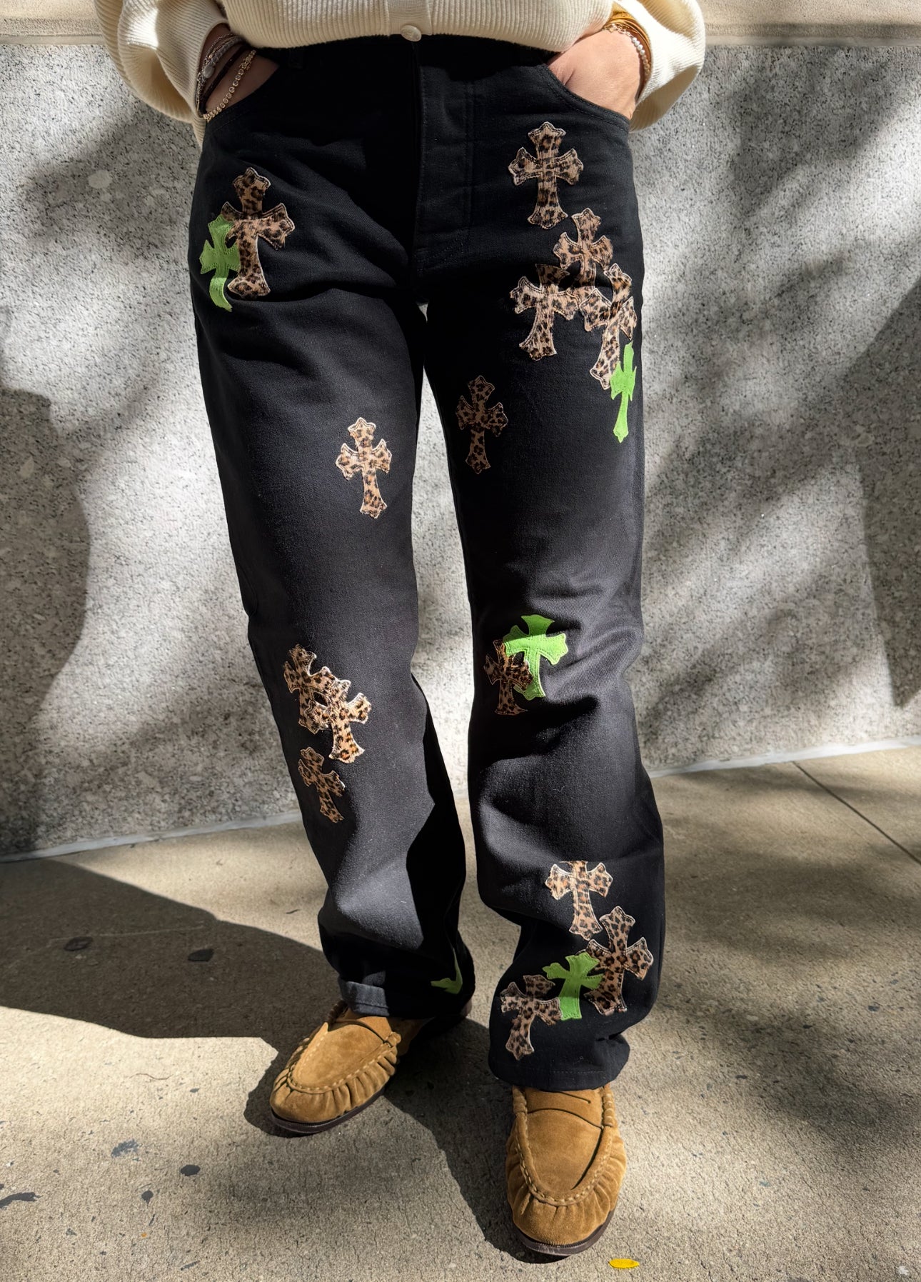 Chrome Hearts Black Jeans with Green and Leopard Print Cross Patches