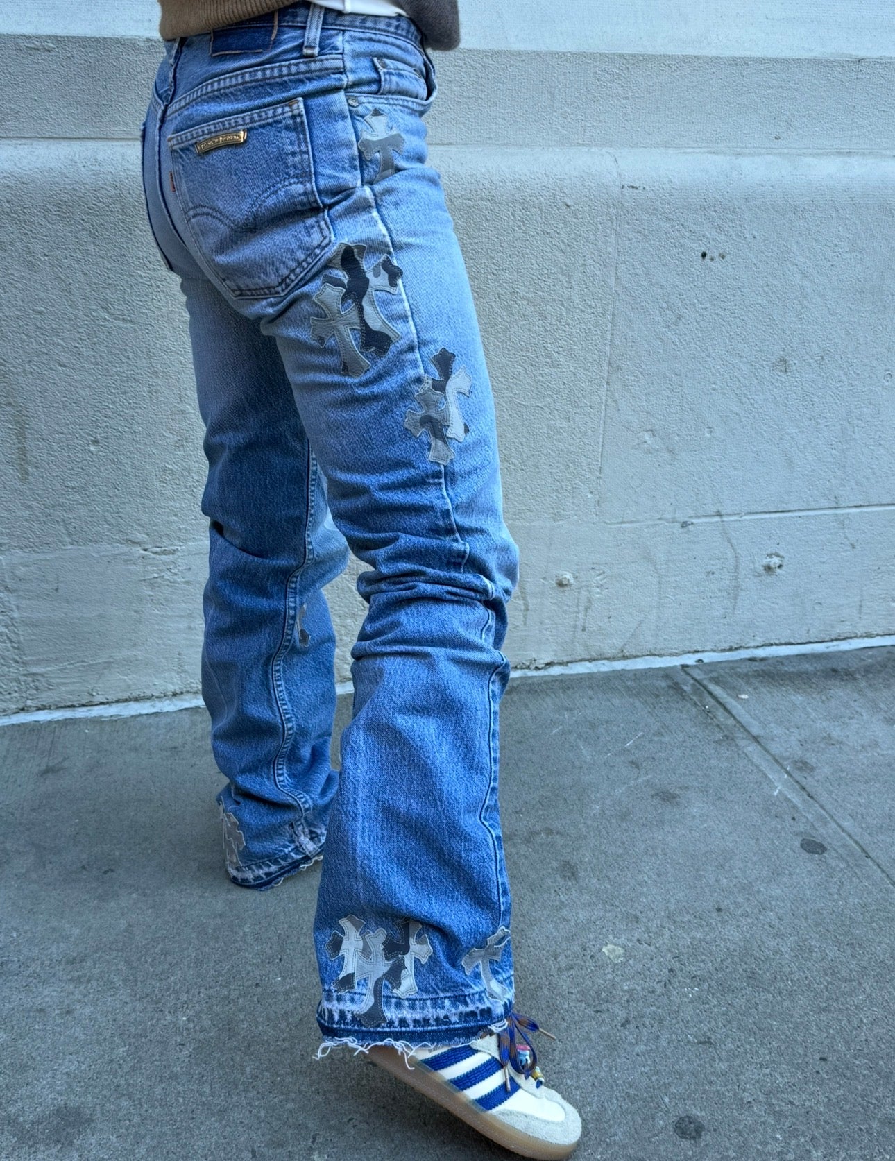 Chrome Hearts x Levi's Light Blue Jeans Gray White Camo Print Cross Leather Patch