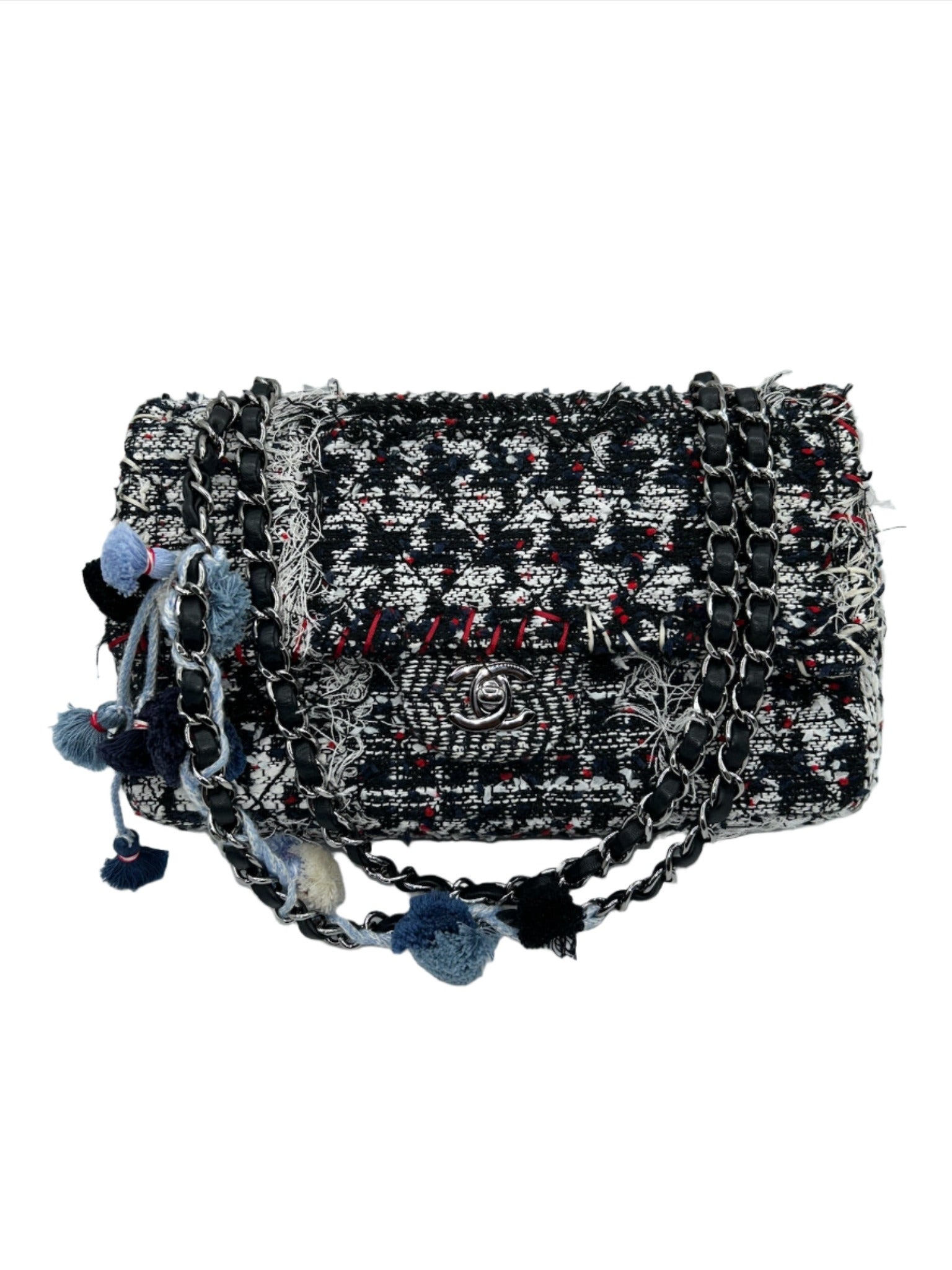 Chanel Black and White Tweed Pom Pom Flapbag