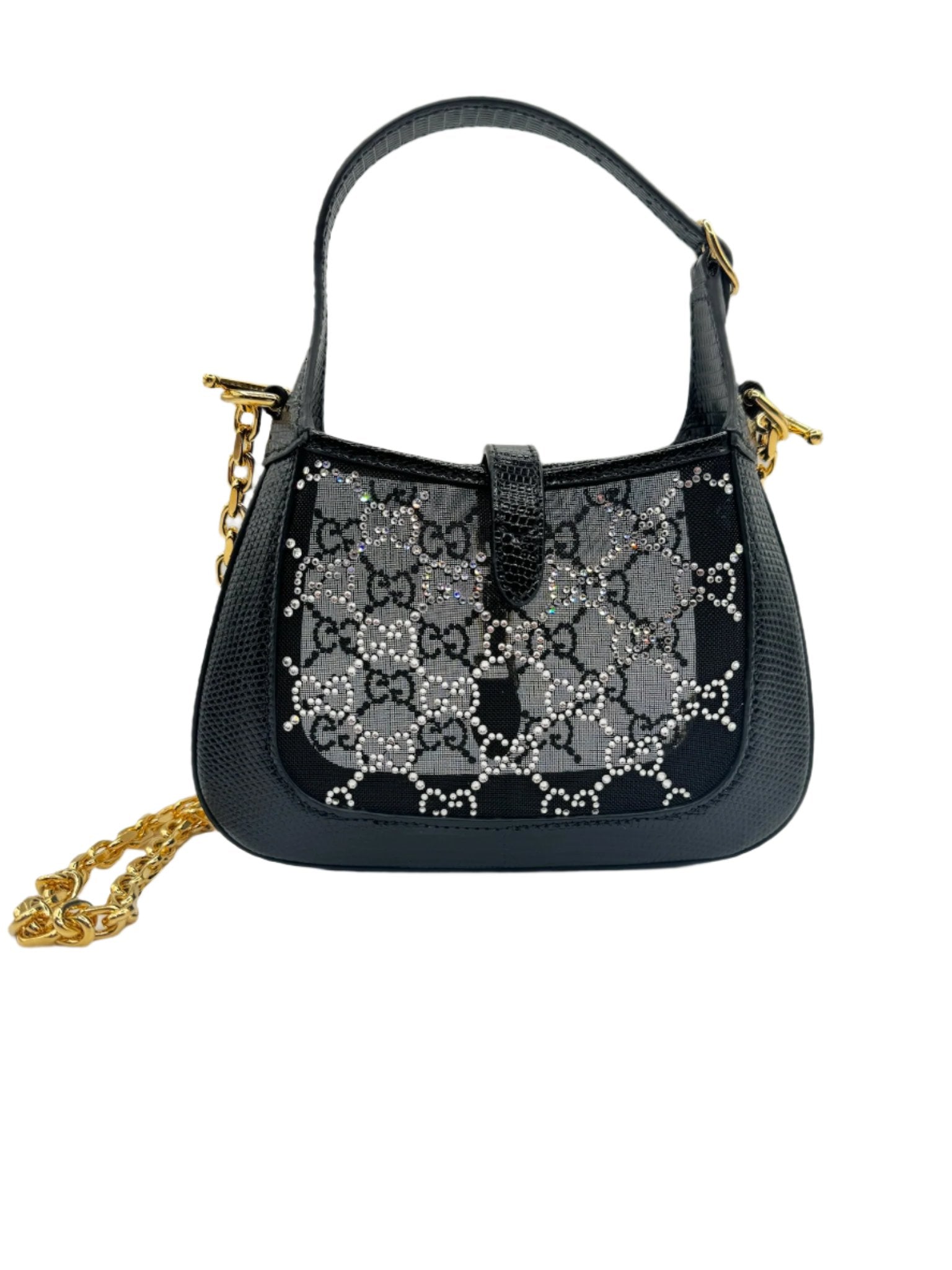 Gucci Mini Jackie Black Lizard Bag with GG Crystals