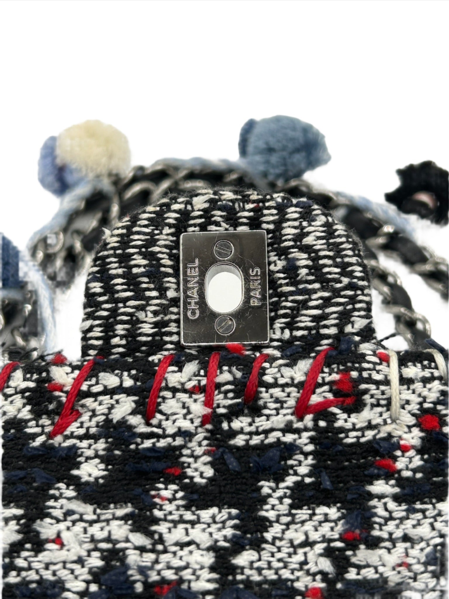 Chanel Black and White Tweed Pom Pom Flapbag