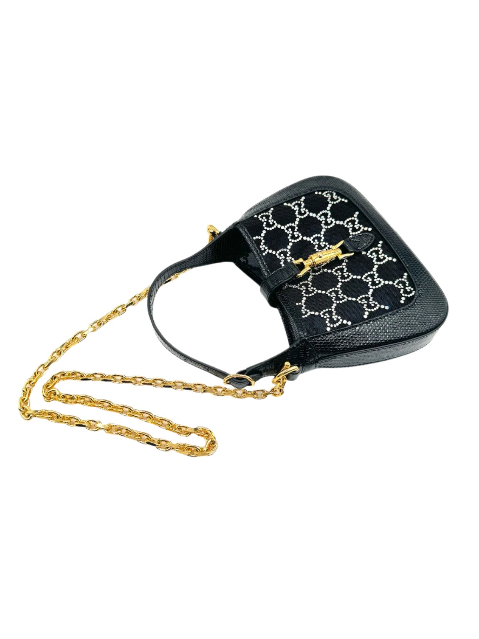 Gucci Mini Jackie Black Lizard Bag with GG Crystals