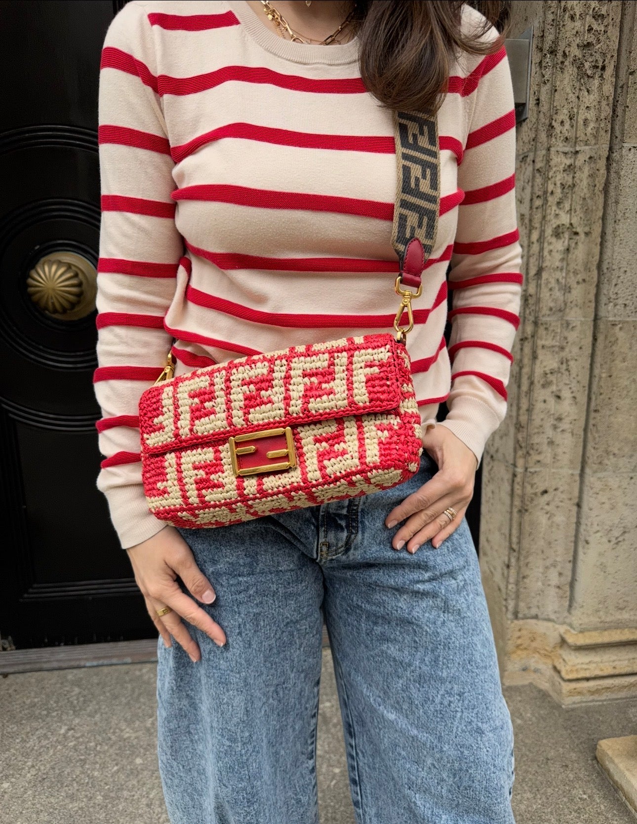 Fendi Red and Beige FF Raffia Baguette