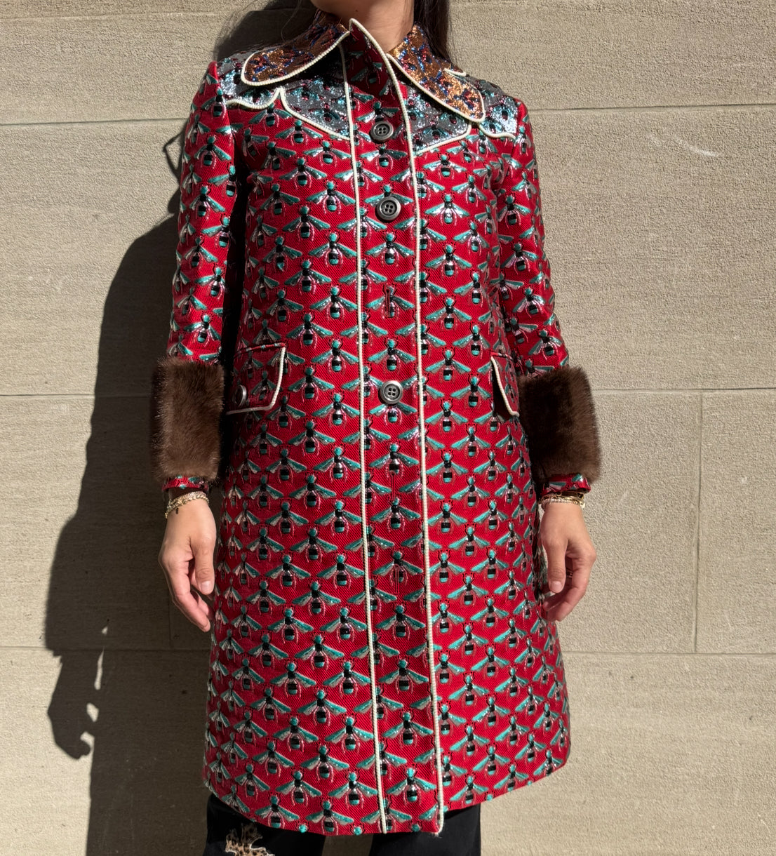 GUCCI Metallic Multicolor Coat with Bees and Mink on Cuffs