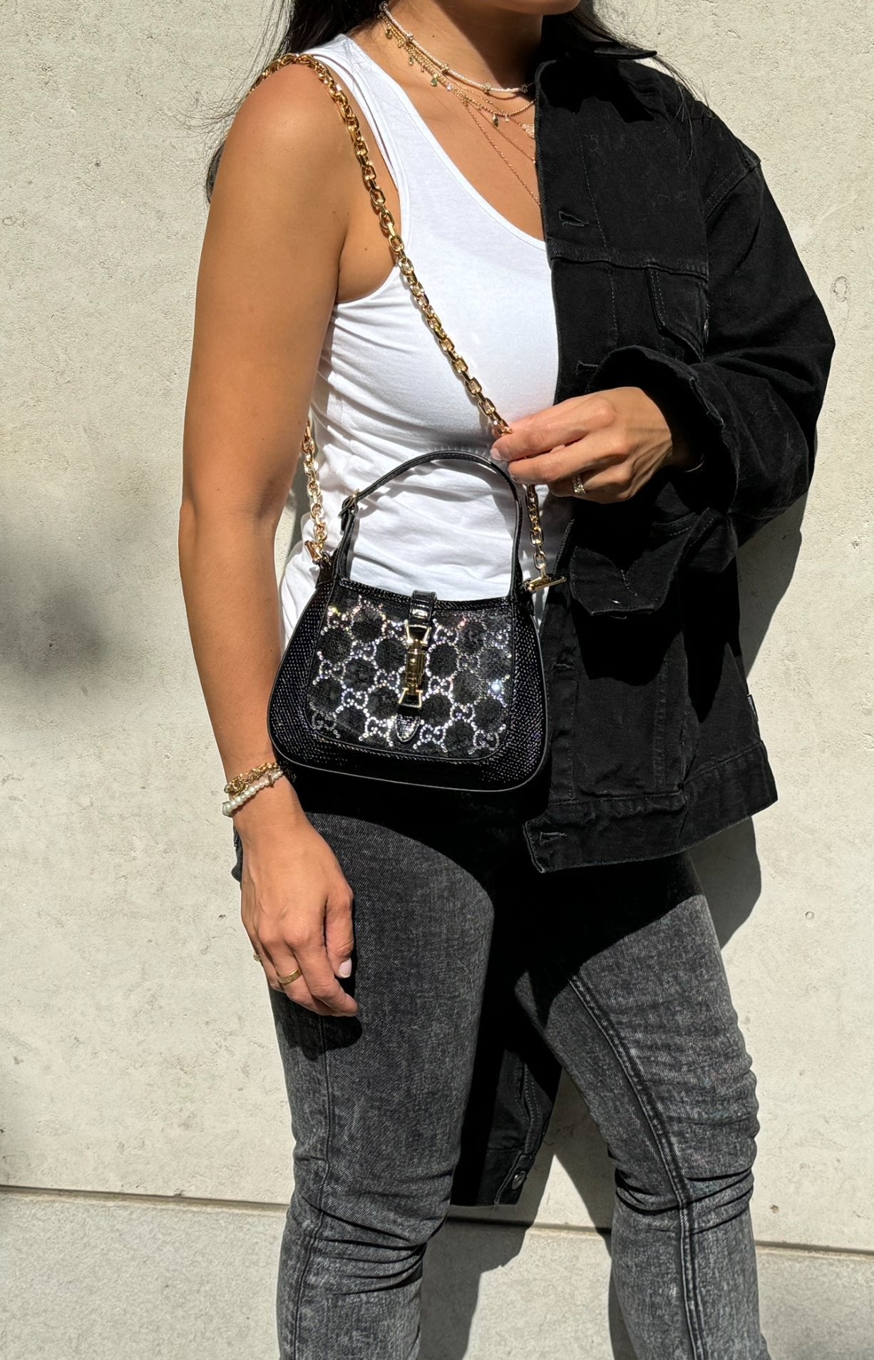 Gucci Mini Jackie Black Lizard Bag with GG Crystals