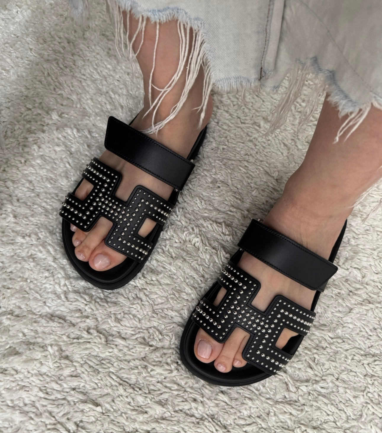 Hermès Black Leather Round Studs Chypre Sandals