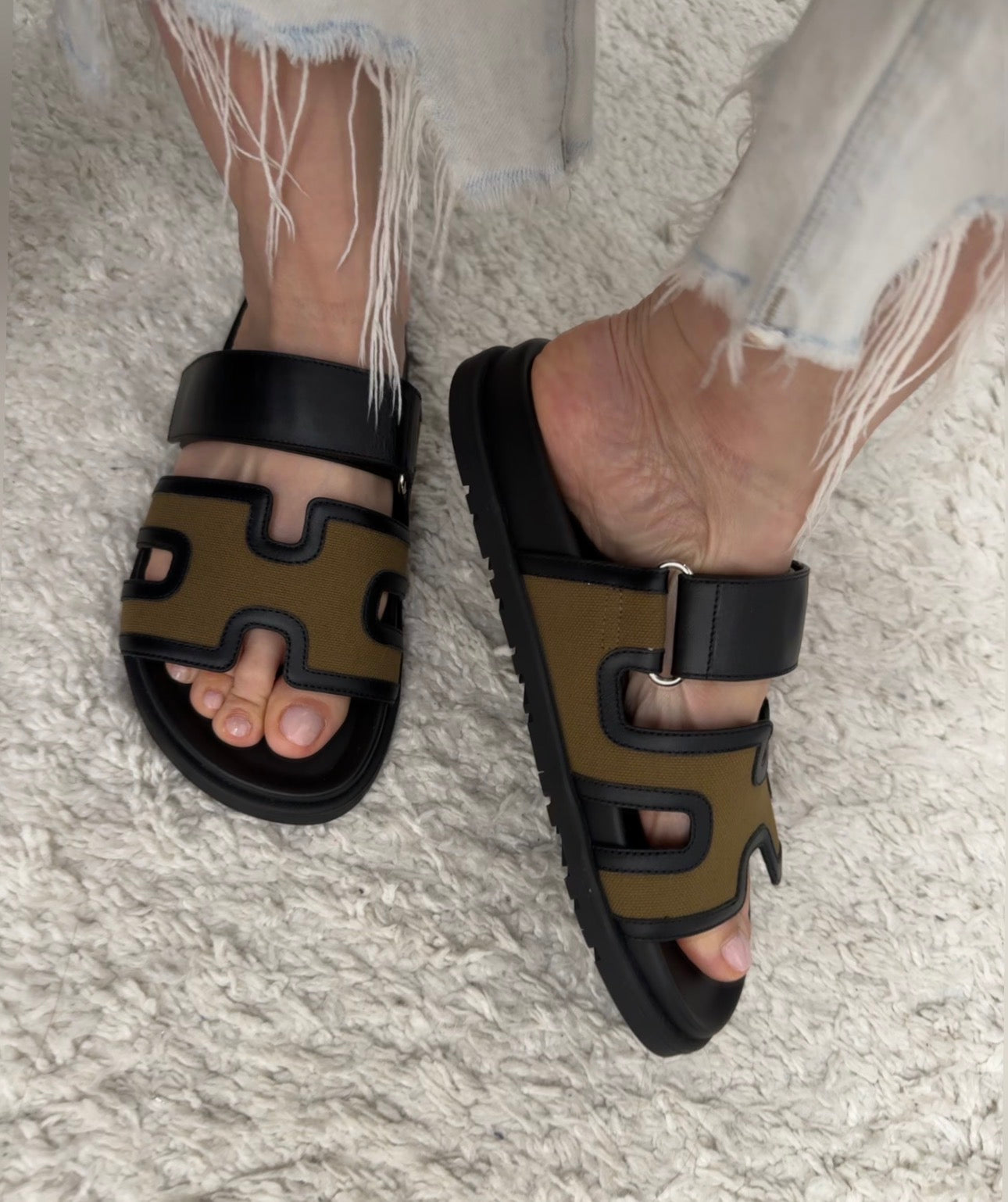 Hermès Chypre Sandals in Black and Khaki Canvas