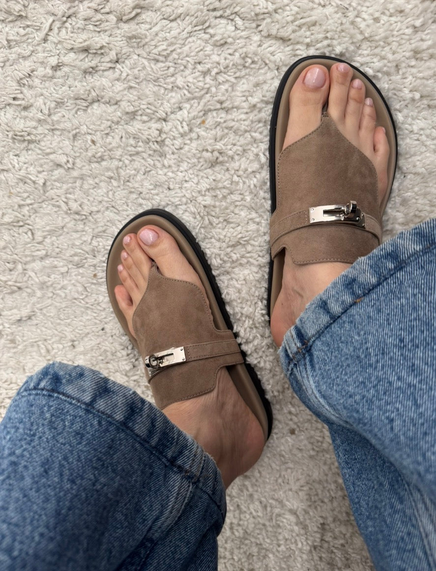 Hermès Empire Sandals Beige Suede Palladium Hardware