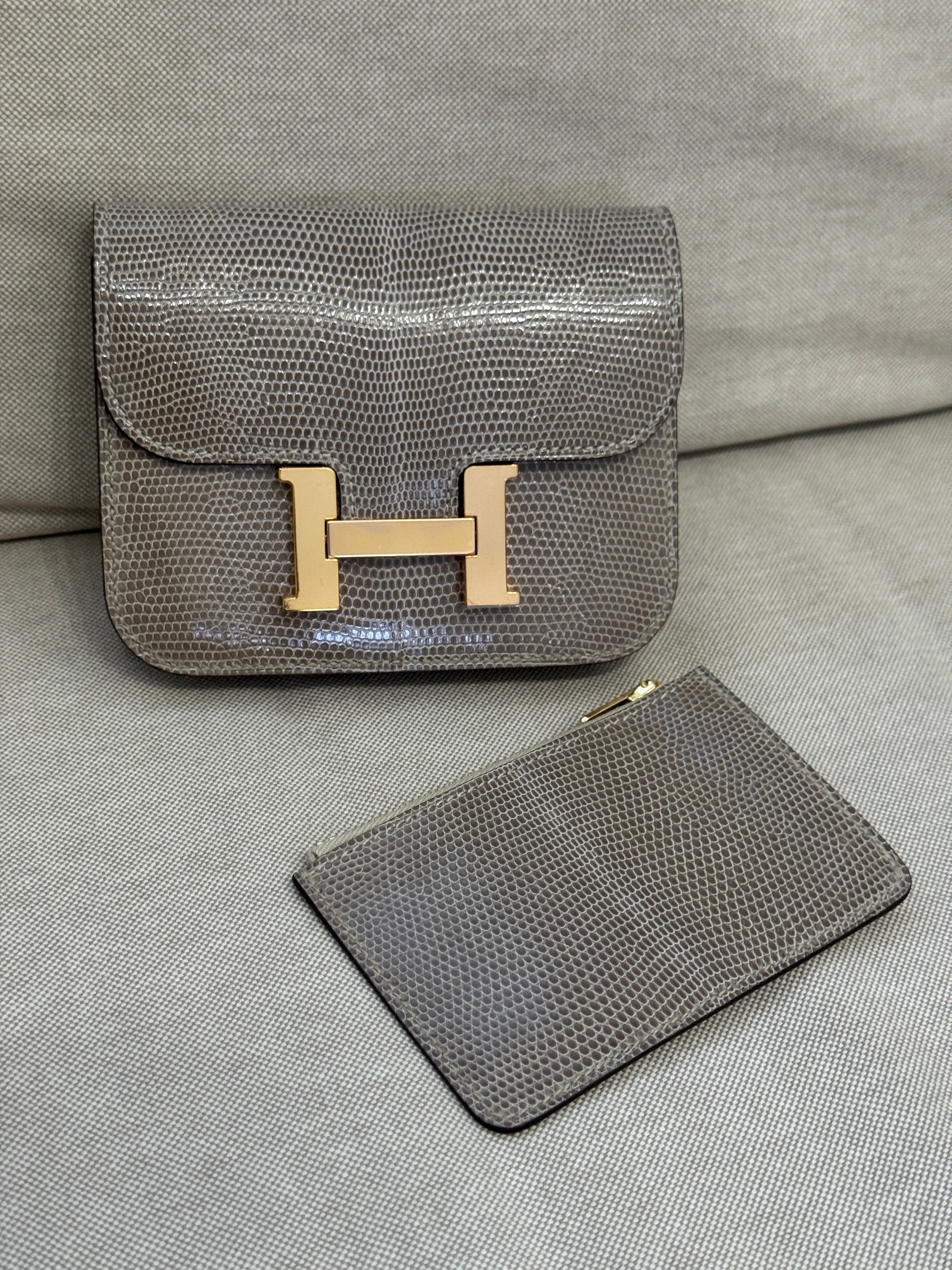 Hermès Constance Slim Wallet Shiny Niloticus Lizard Ficelle Rose Gold Hardware 