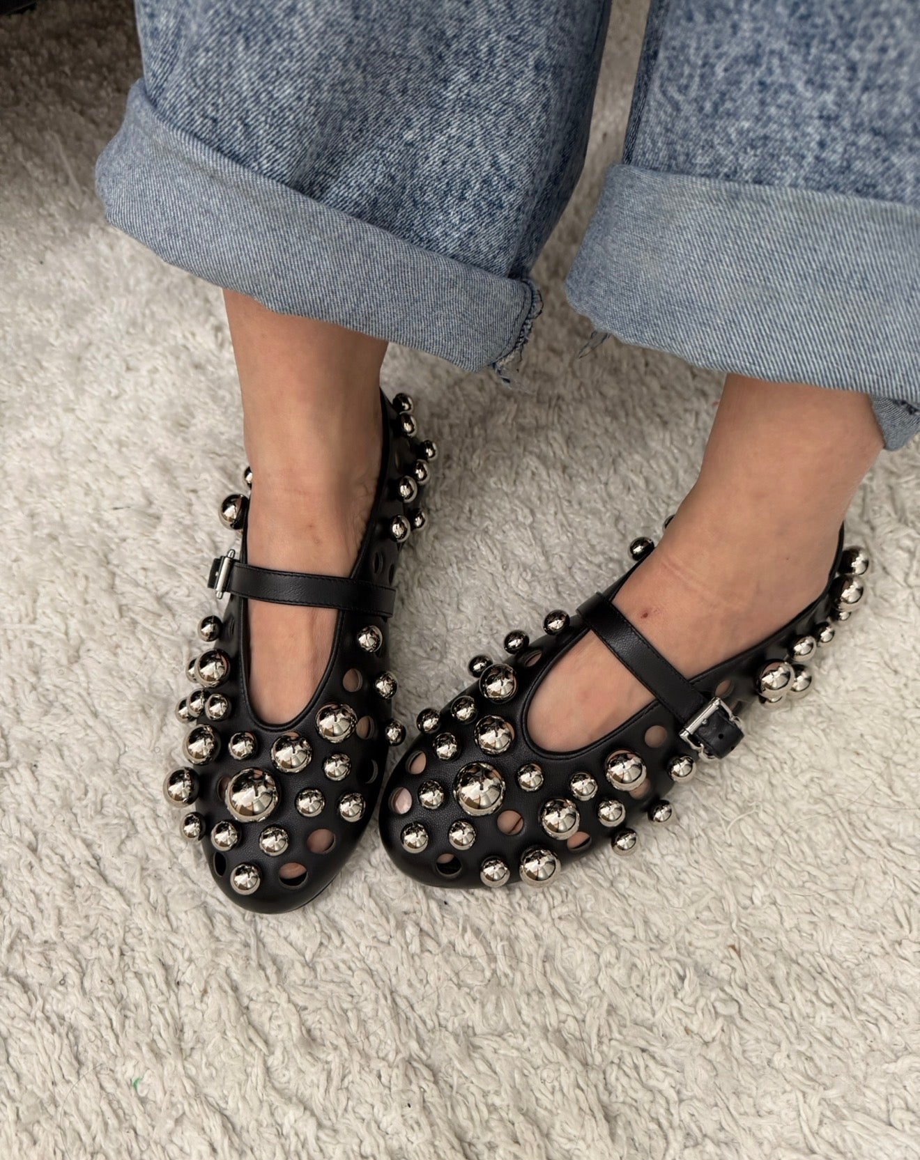 Alaïa Black Leather Silver Balls Ballet Flats