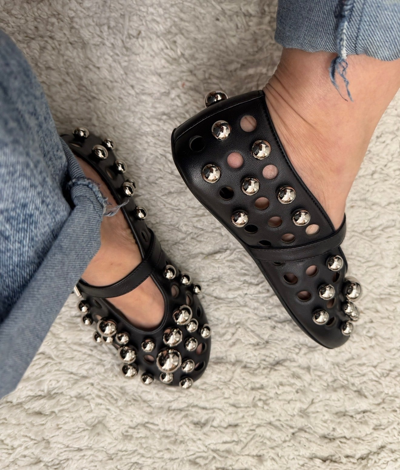 Alaïa Black Leather Silver Balls Ballet Flats