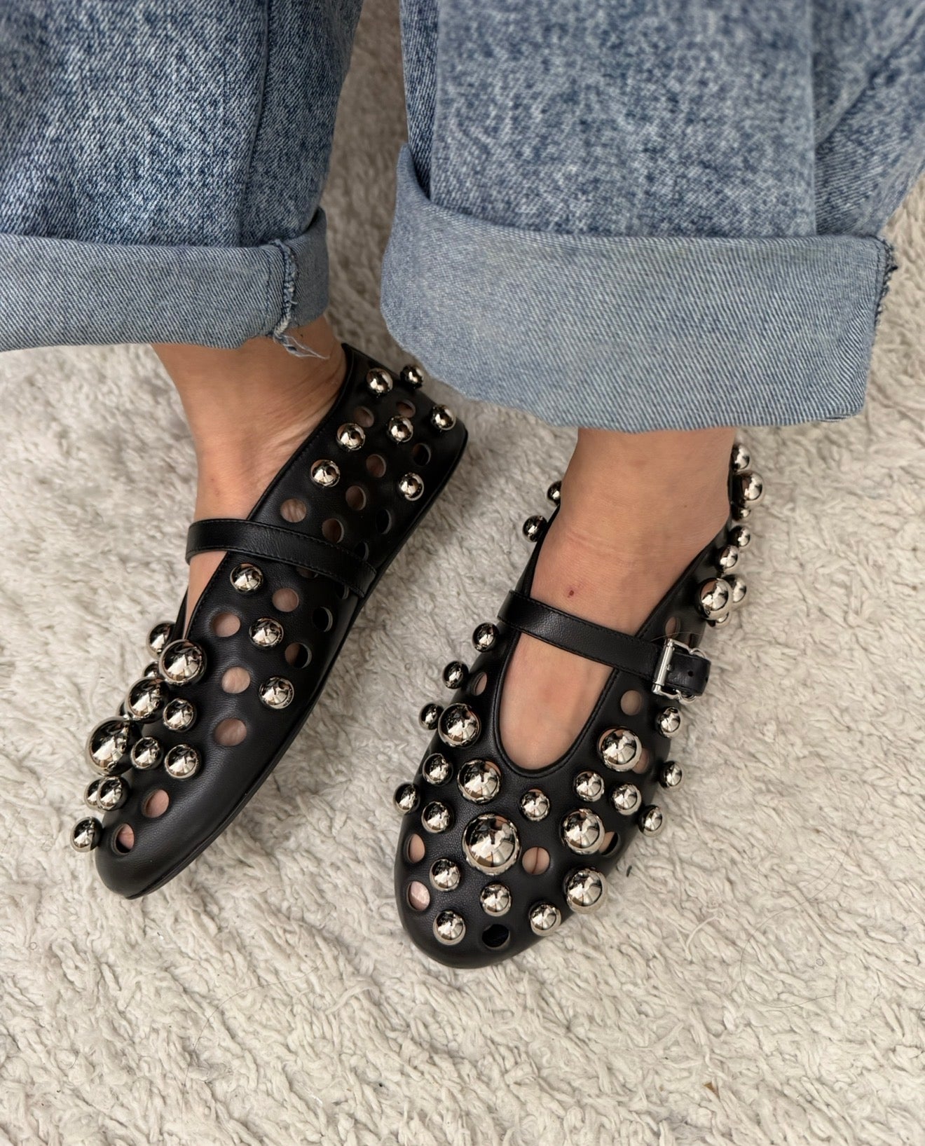 Alaïa Black Leather Silver Balls Ballet Flats