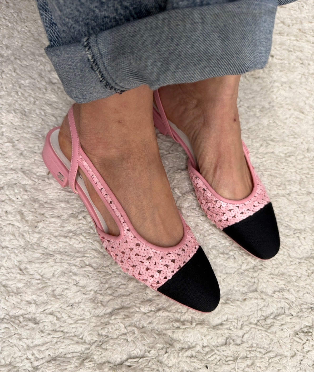 Chanel Pink Sequins Slingback Flats 