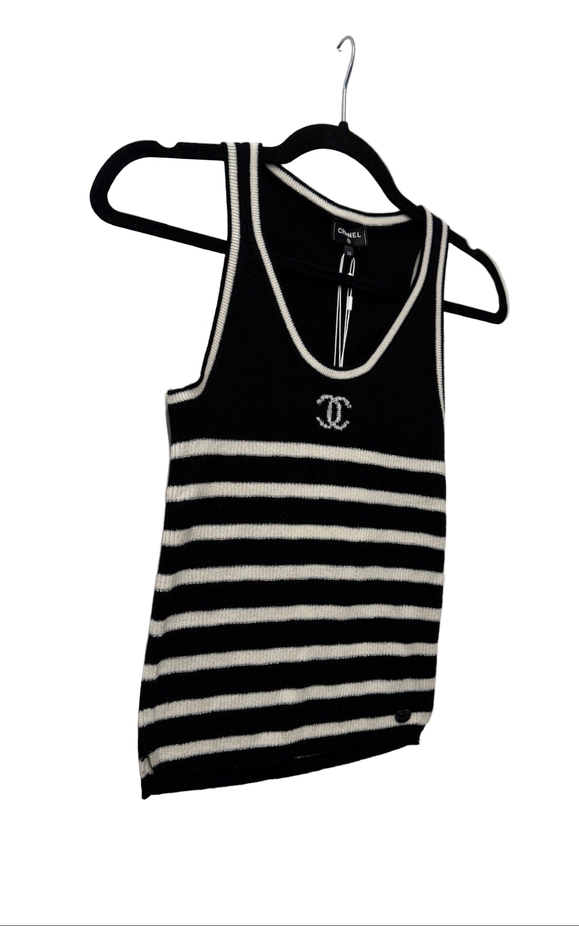 Chanel Black and White Striped Tank Top CC Logo - Size FR 38