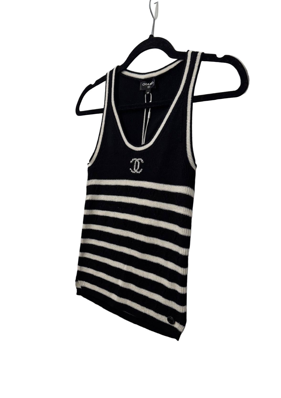 Chanel Black and White Striped Tank Top CC Logo - Size FR 38