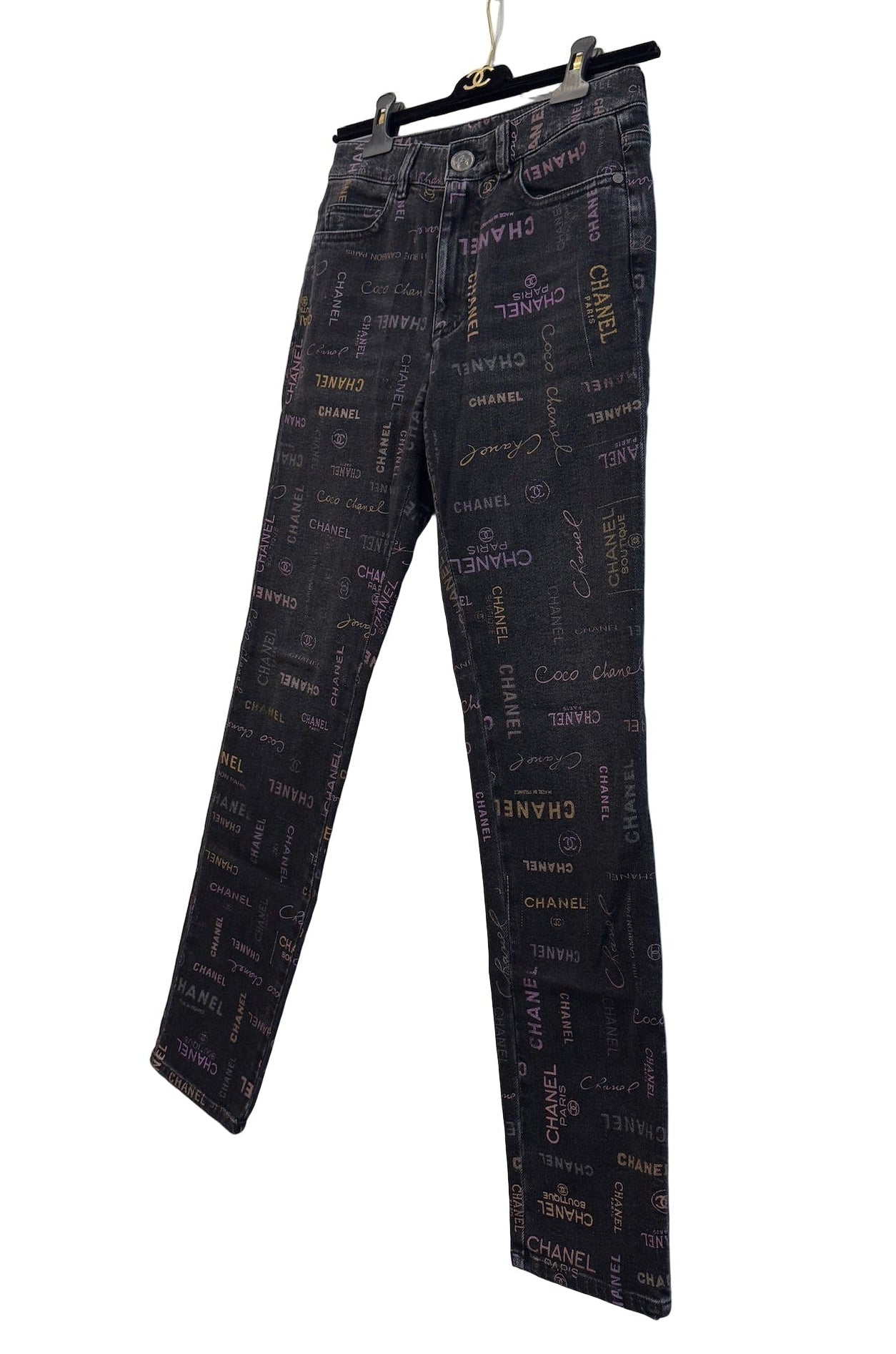 Chanel Black Denim Jeans with Multicolor CHANEL Print