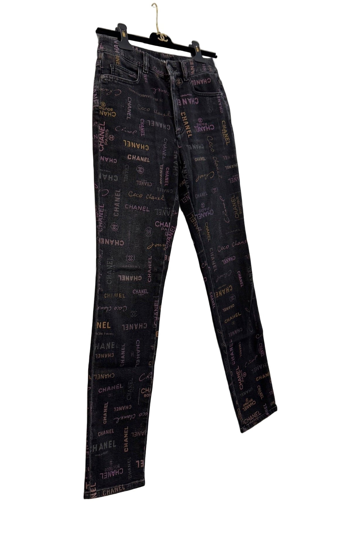 Chanel Black Denim Jeans with Multicolor CHANEL Print