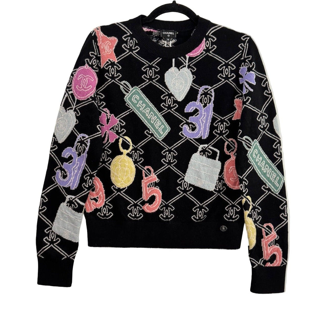 Chanel Black Cashmere Pullover with Colorful CC Logo and Charms - Size