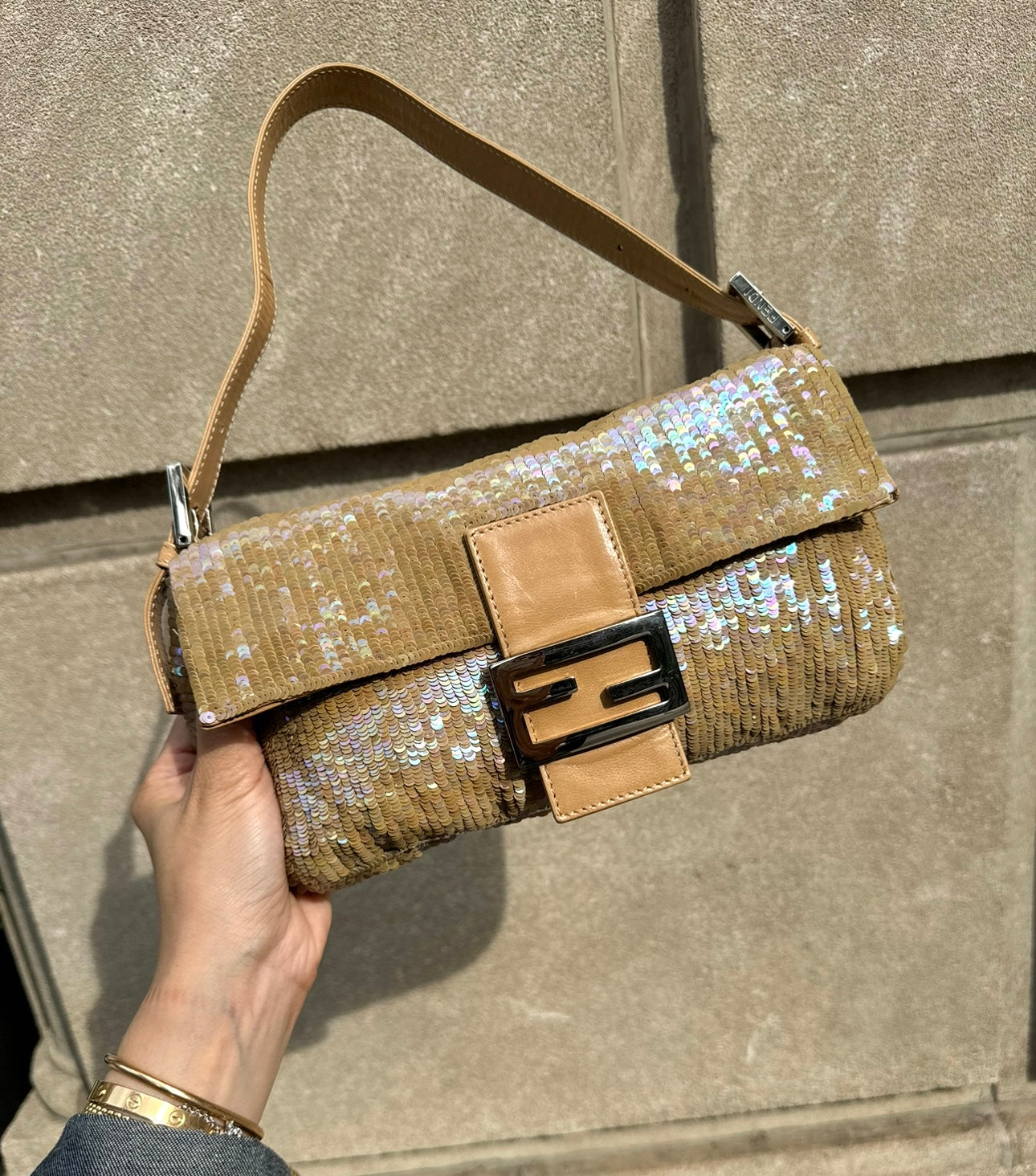 Fendi Nude Sequins Baguette with Light Brown Leather Strap and Silver Hardware