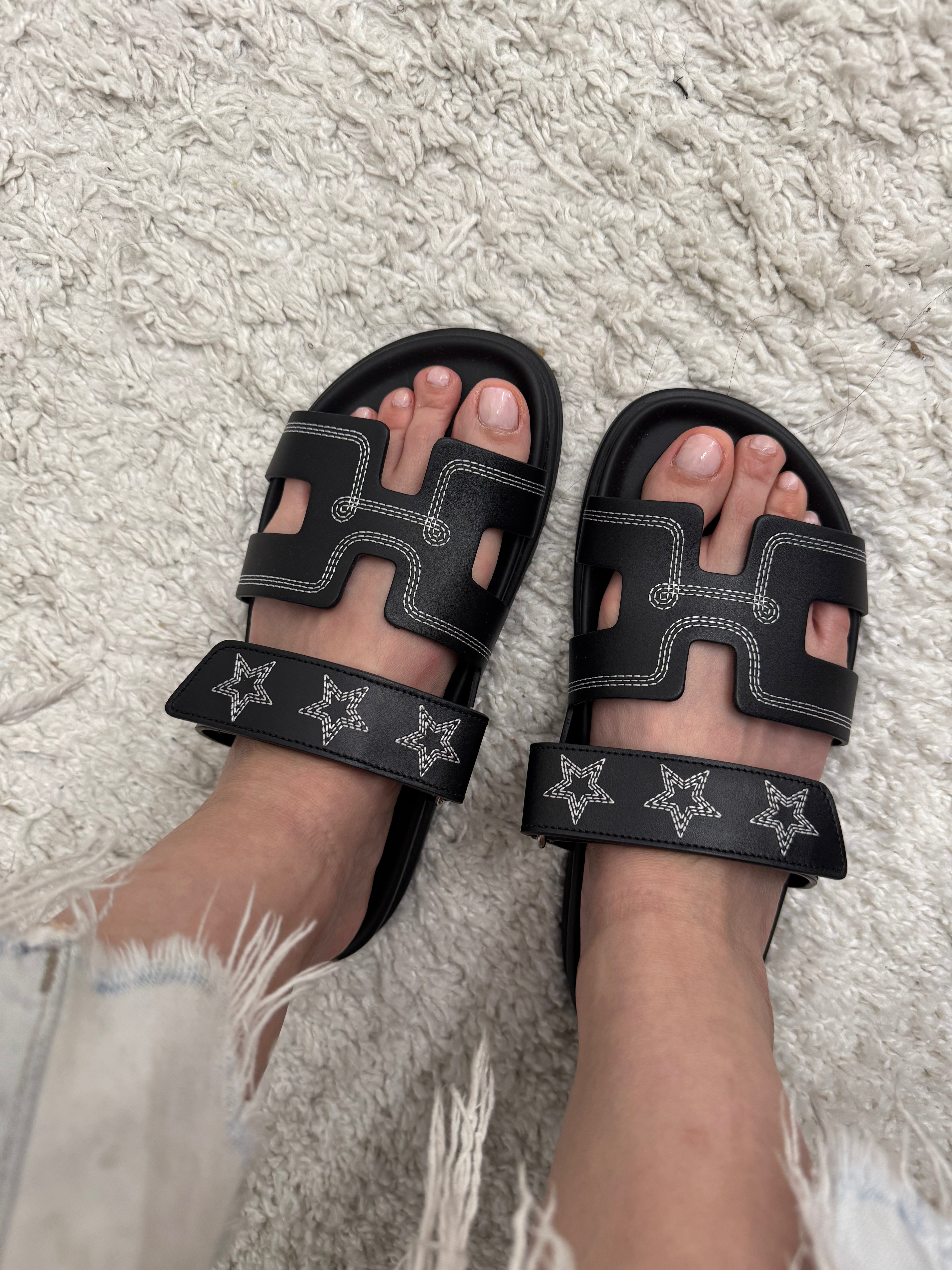 Hermès Black Chypre Sandals with Stars Embroidered
