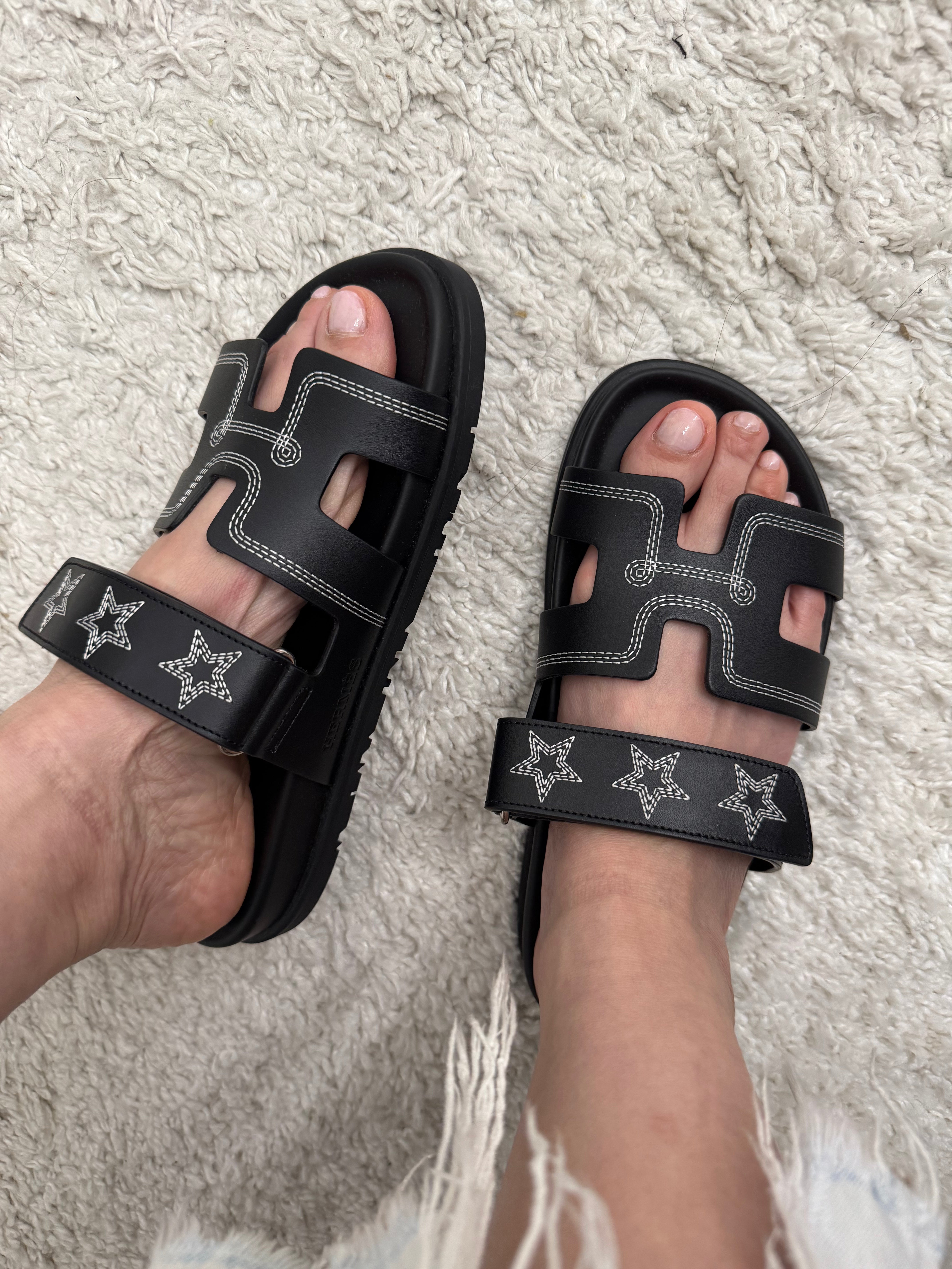 Hermès Black Chypre Sandals with Stars Embroidered