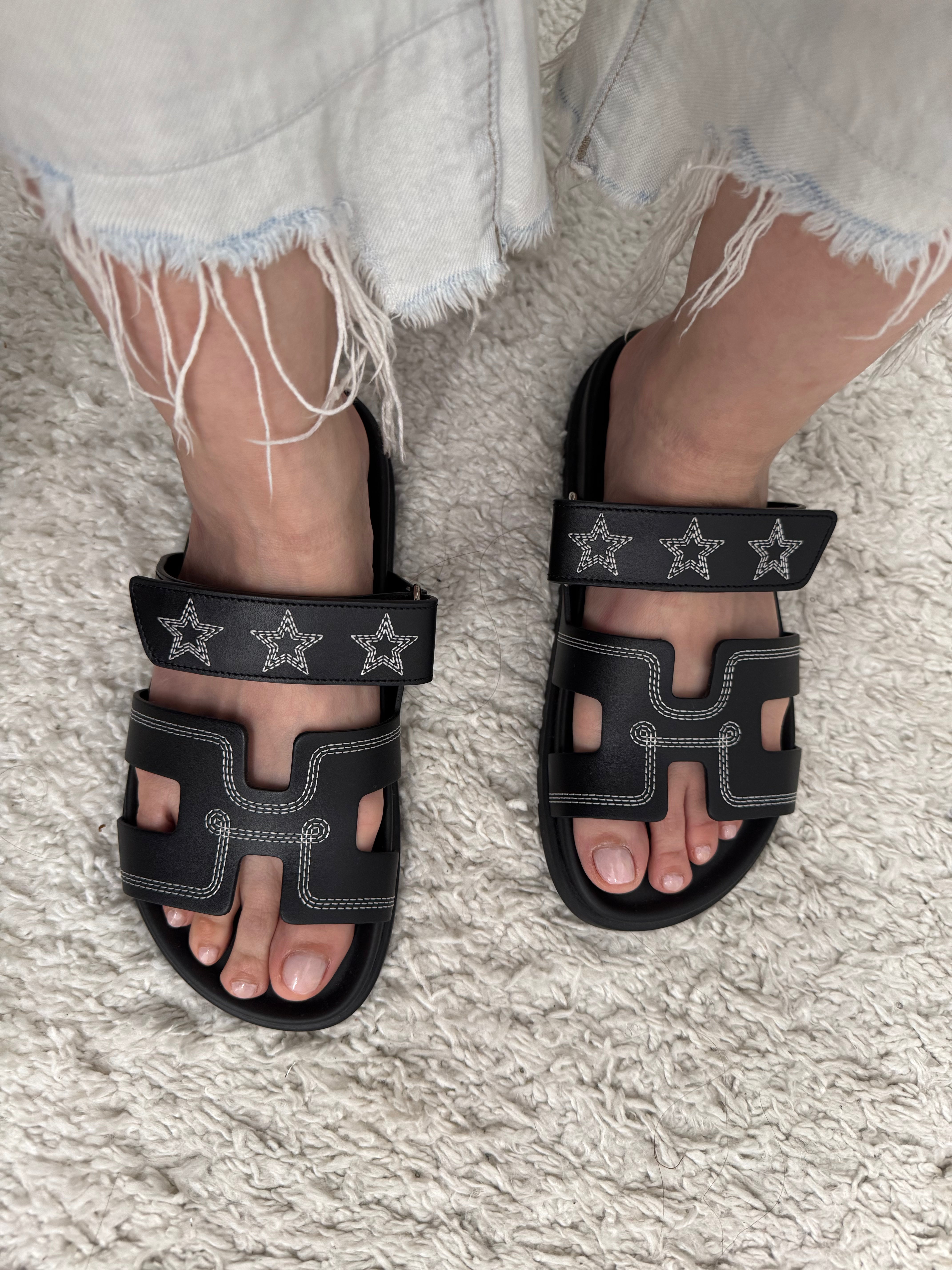 Hermès Black Chypre Sandals with Stars Embroidered