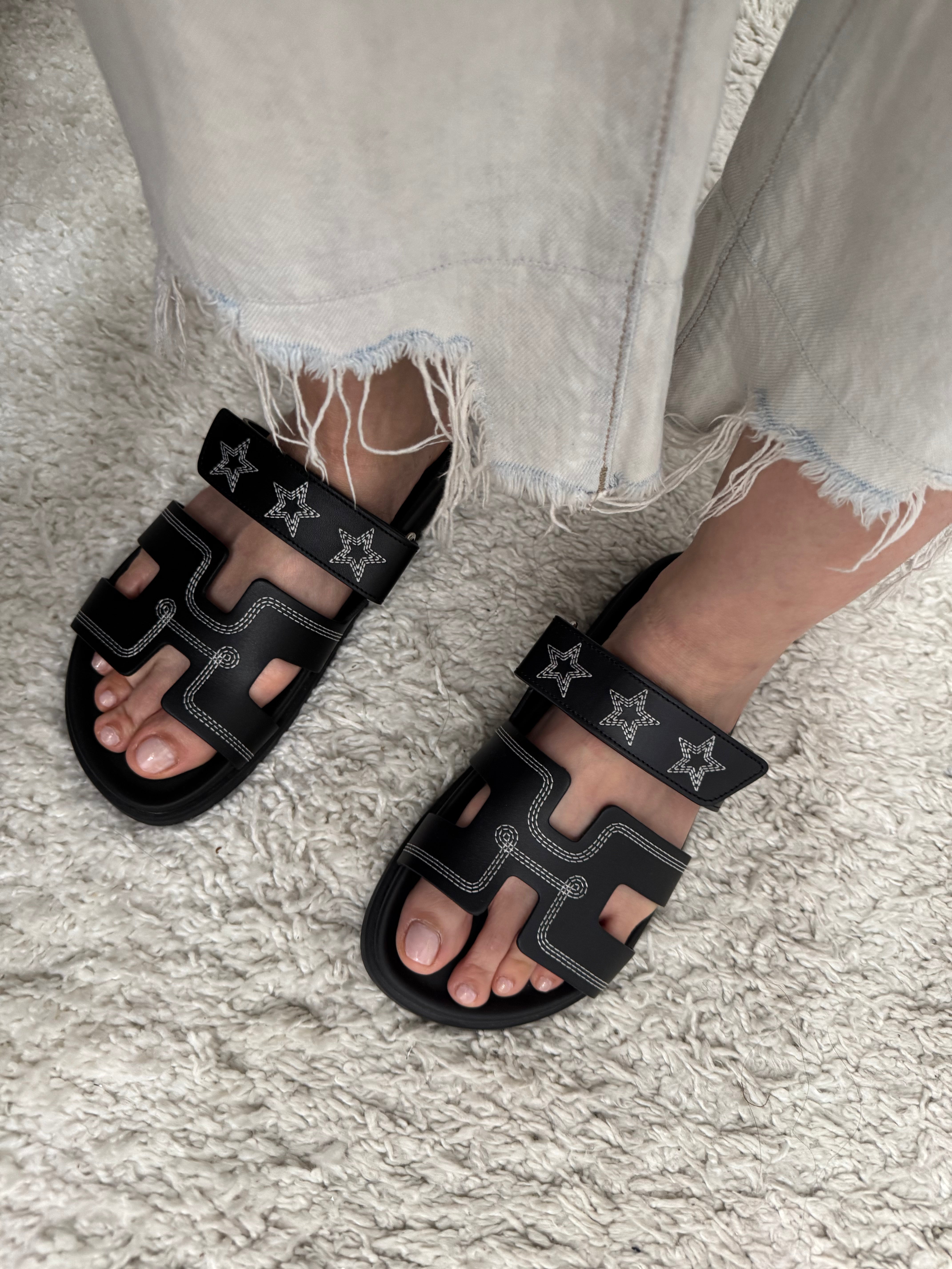 Hermès Black Chypre Sandals with Stars Embroidered