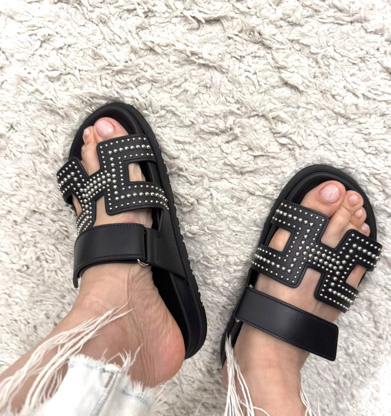 Hermès Black Leather Round Studs Chypre Sandals