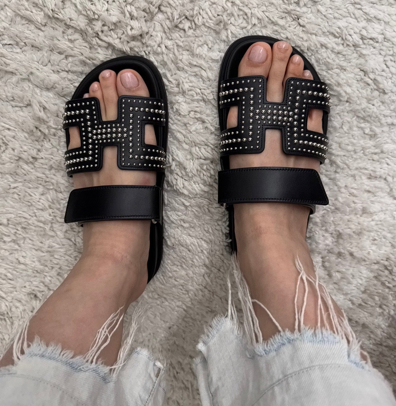 Hermès Black Leather Round Studs Chypre Sandals