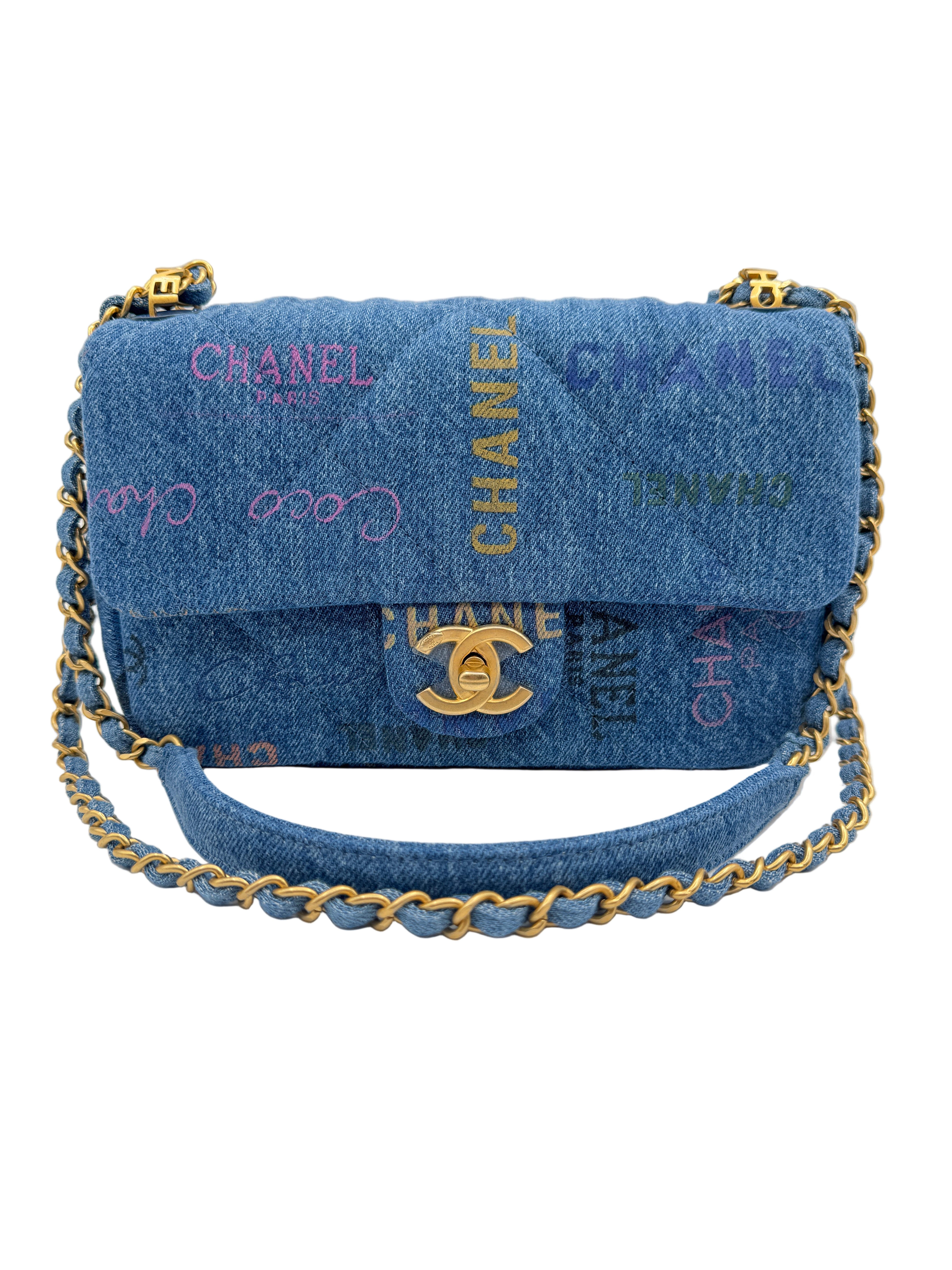 Chanel Blue Denim Mini Flap Bag With Multicolor Logos
