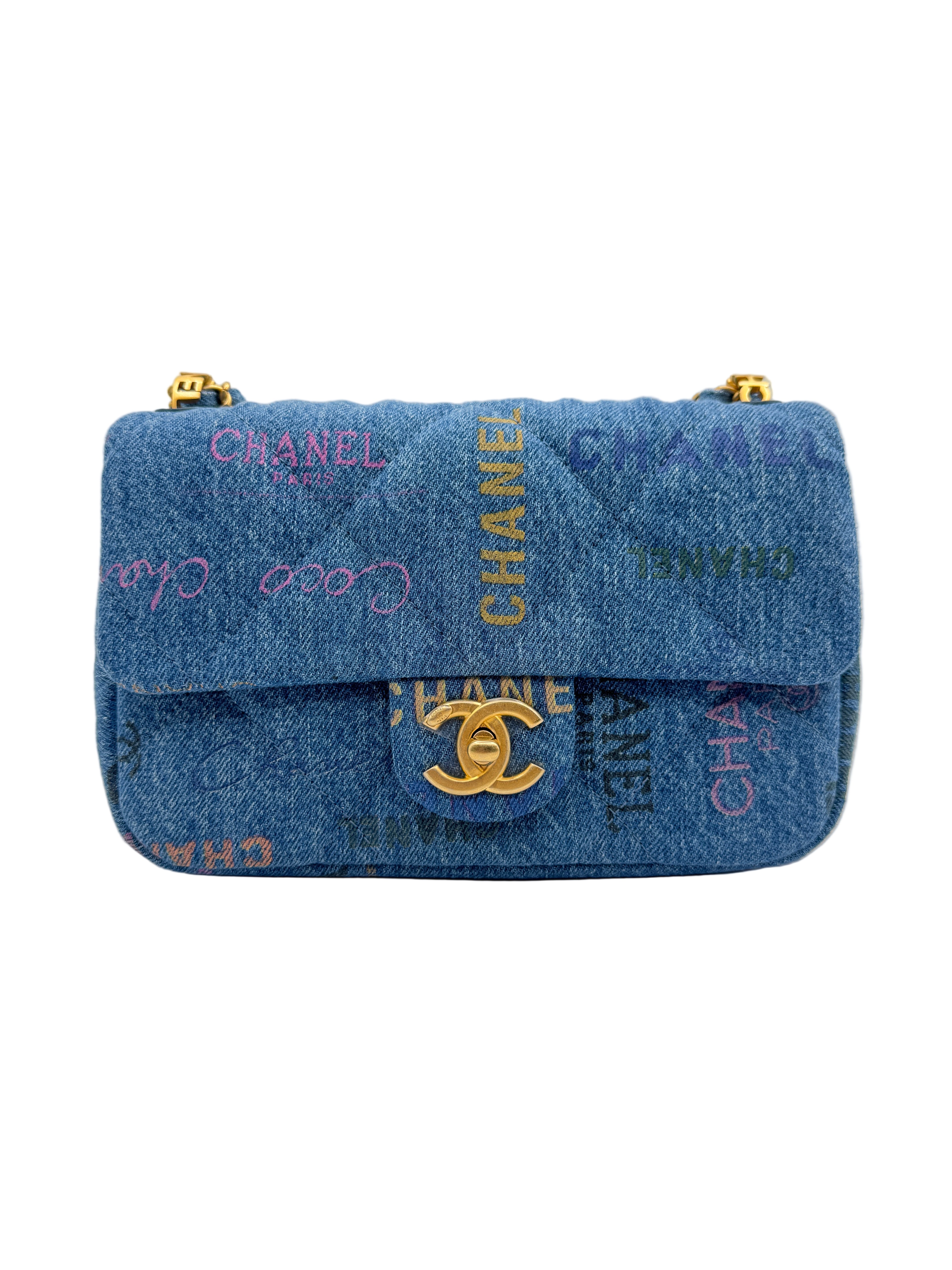 Chanel Blue Denim Mini Flap Bag With Multicolor Logos