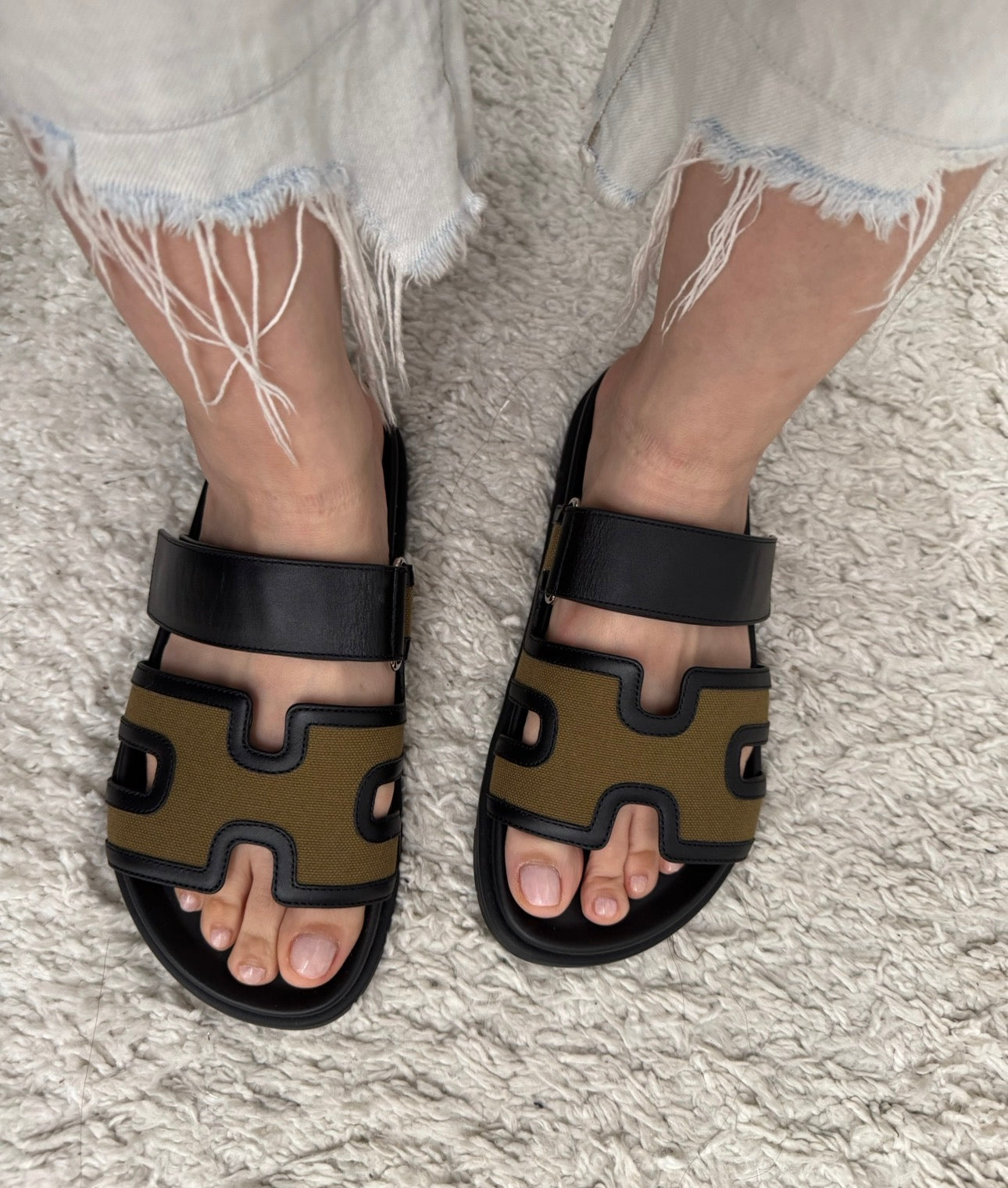 Hermès Chypre Sandals in Black and Khaki Canvas