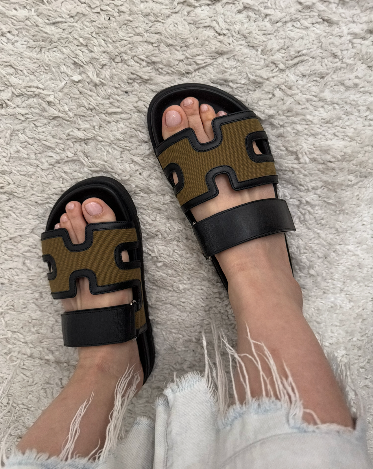 Hermès Chypre Sandals in Black and Khaki Canvas