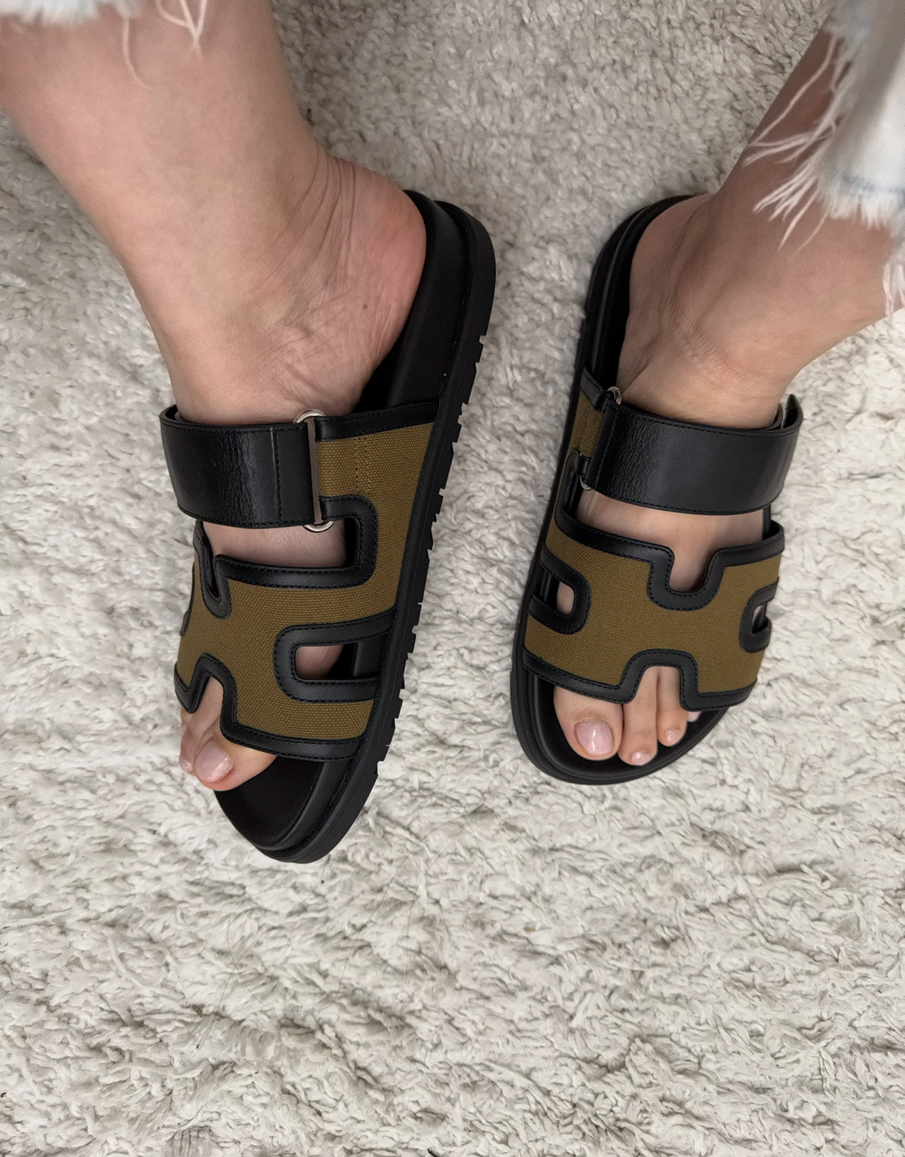 Hermès Chypre Sandals in Black and Khaki Canvas