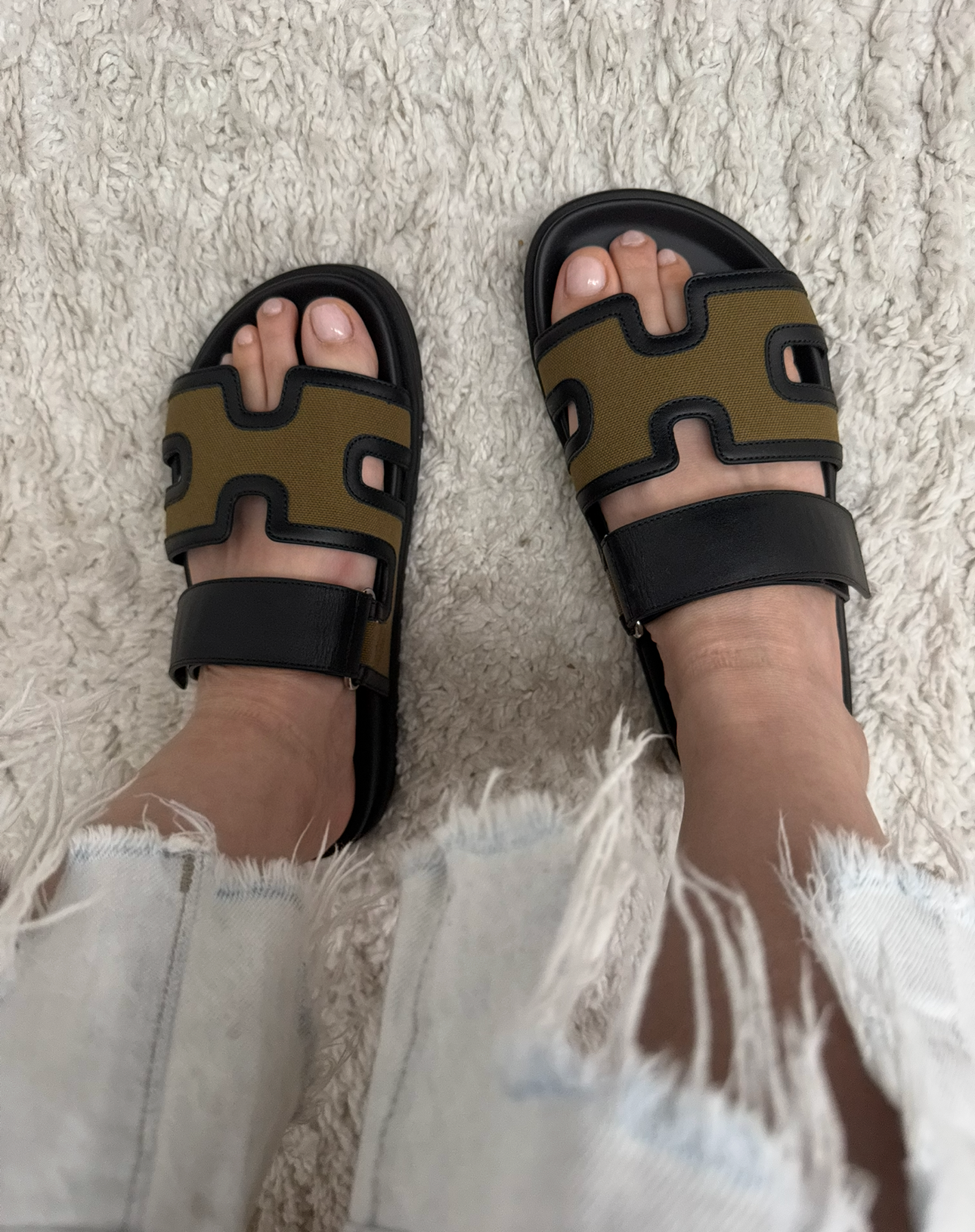 Hermès Chypre Sandals in Black and Khaki Canvas