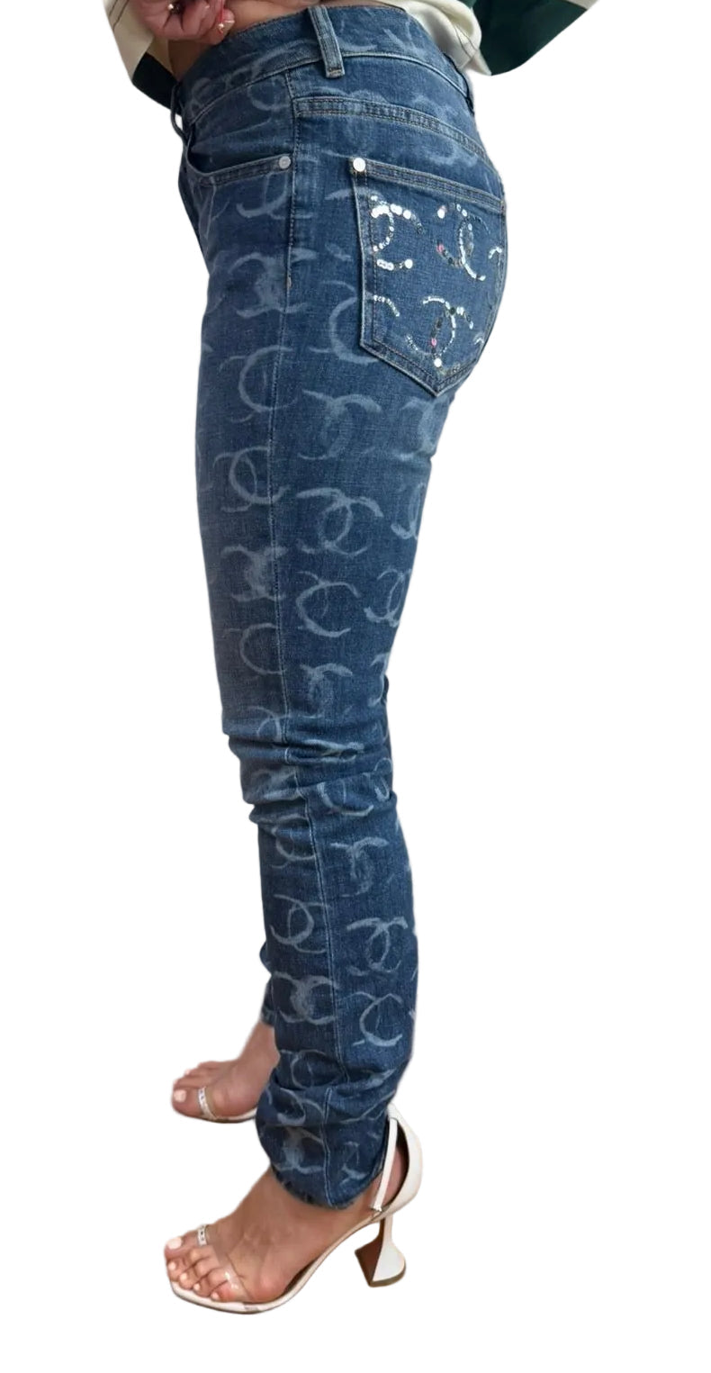 Chanel Blue Denim Skinny Jeans With CC Logos