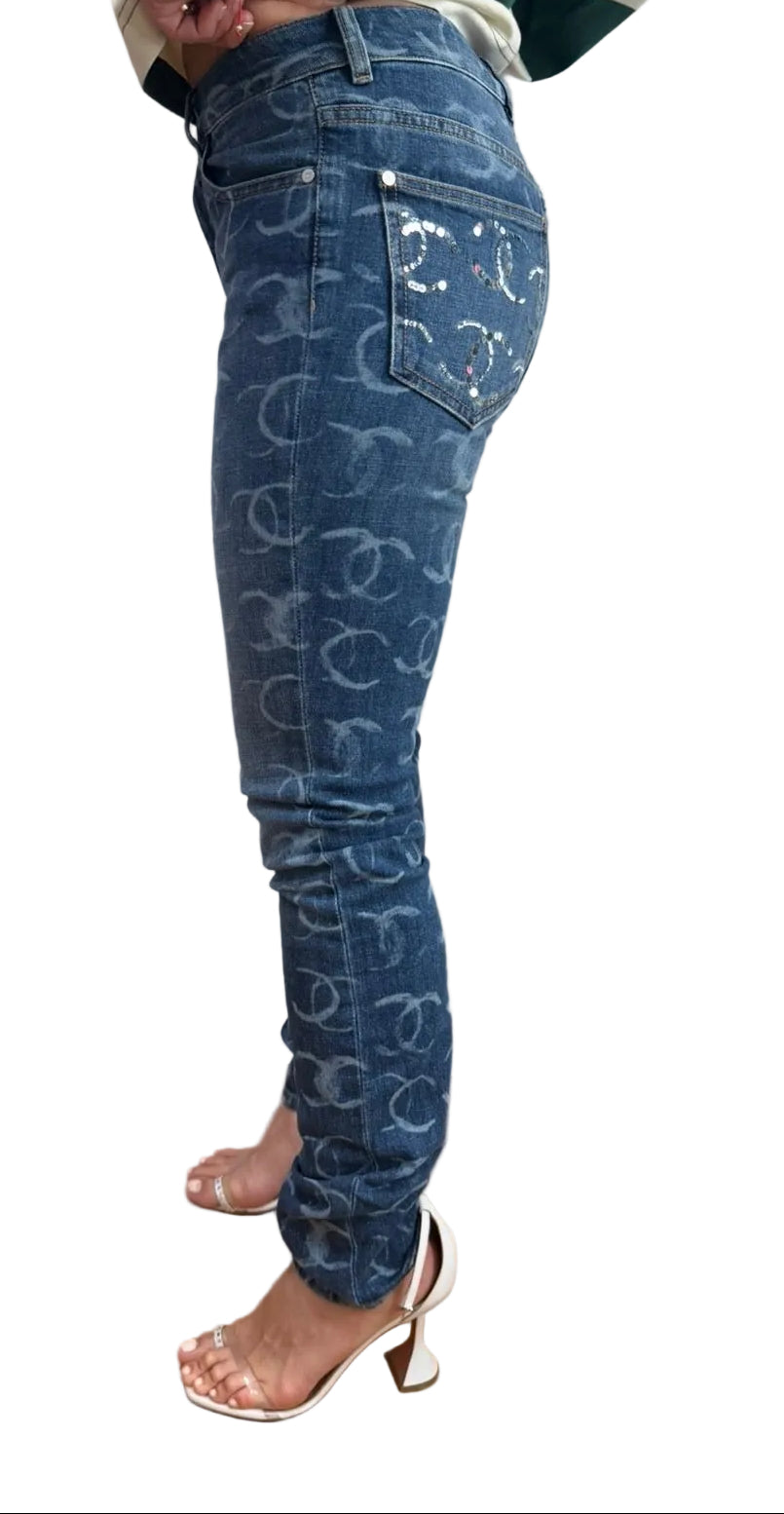 Chanel Blue Denim Skinny Jeans With CC Logos