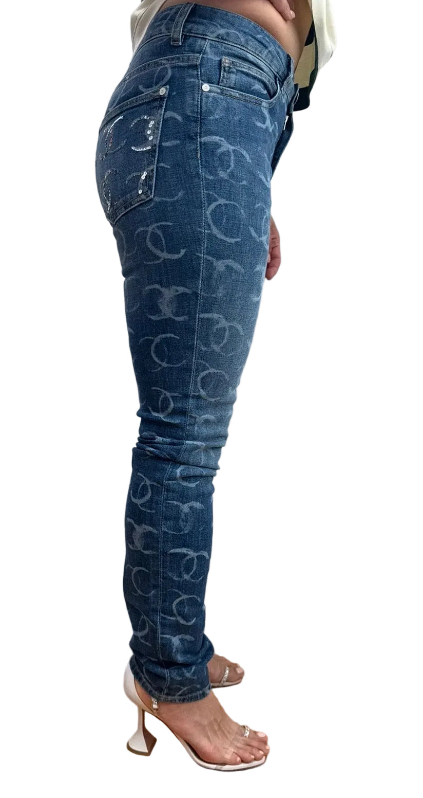 Chanel Blue Denim Skinny Jeans With CC Logos