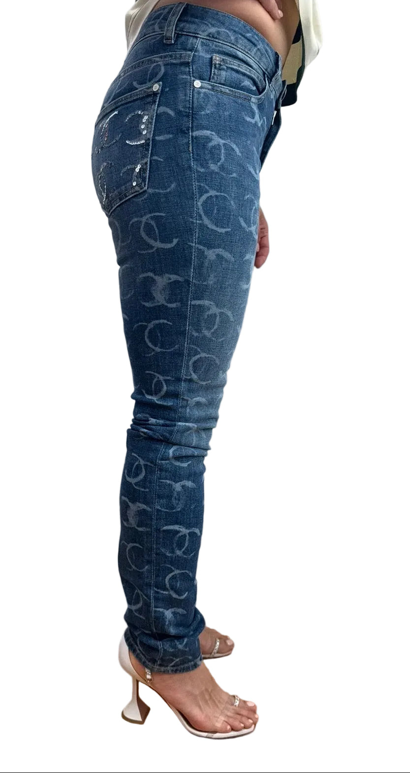 Chanel Blue Denim Skinny Jeans With CC Logos